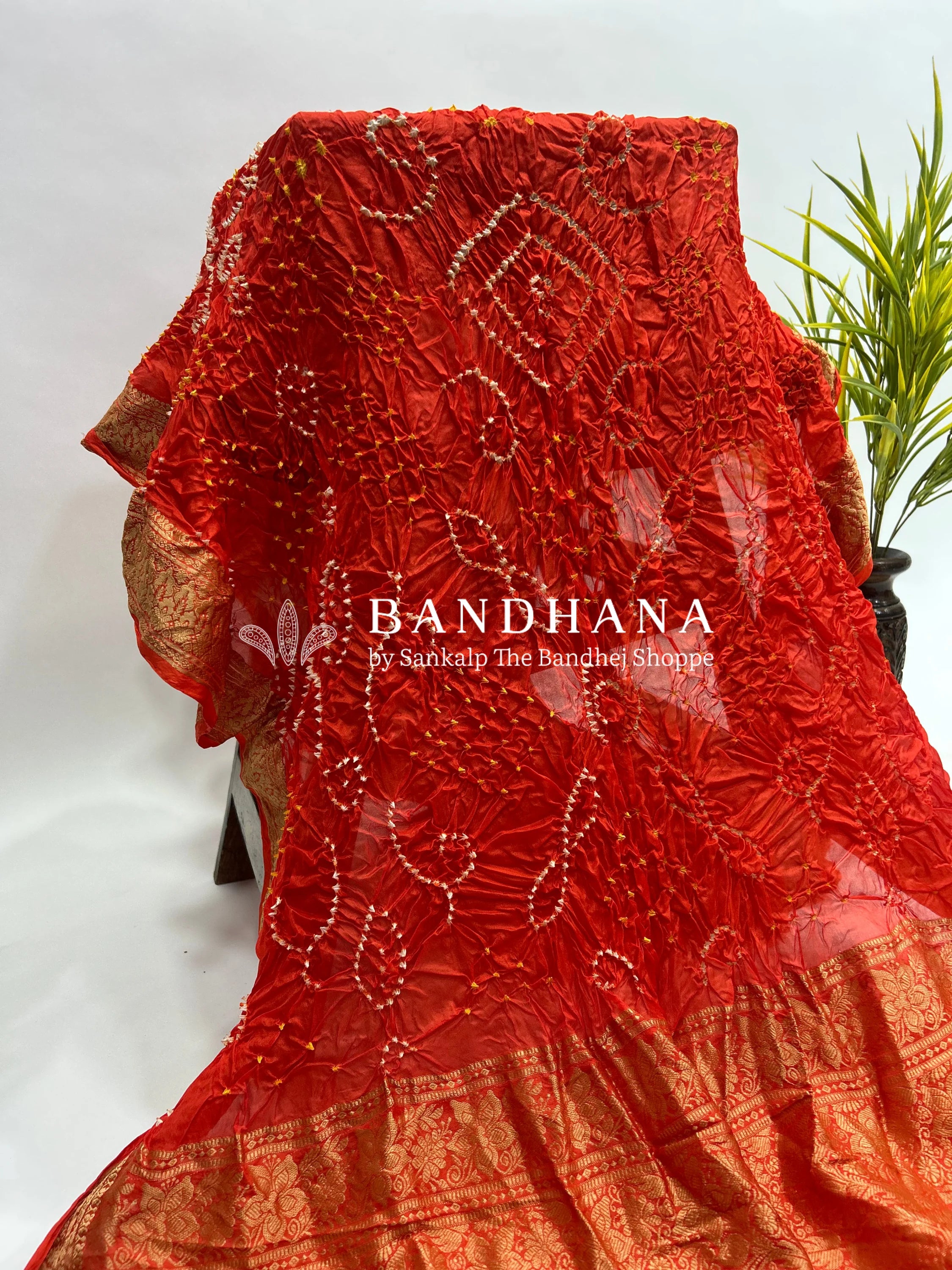 Orange Soft Silk Resham Palav Bandhani Saree orangered / Soft Silk Sarees