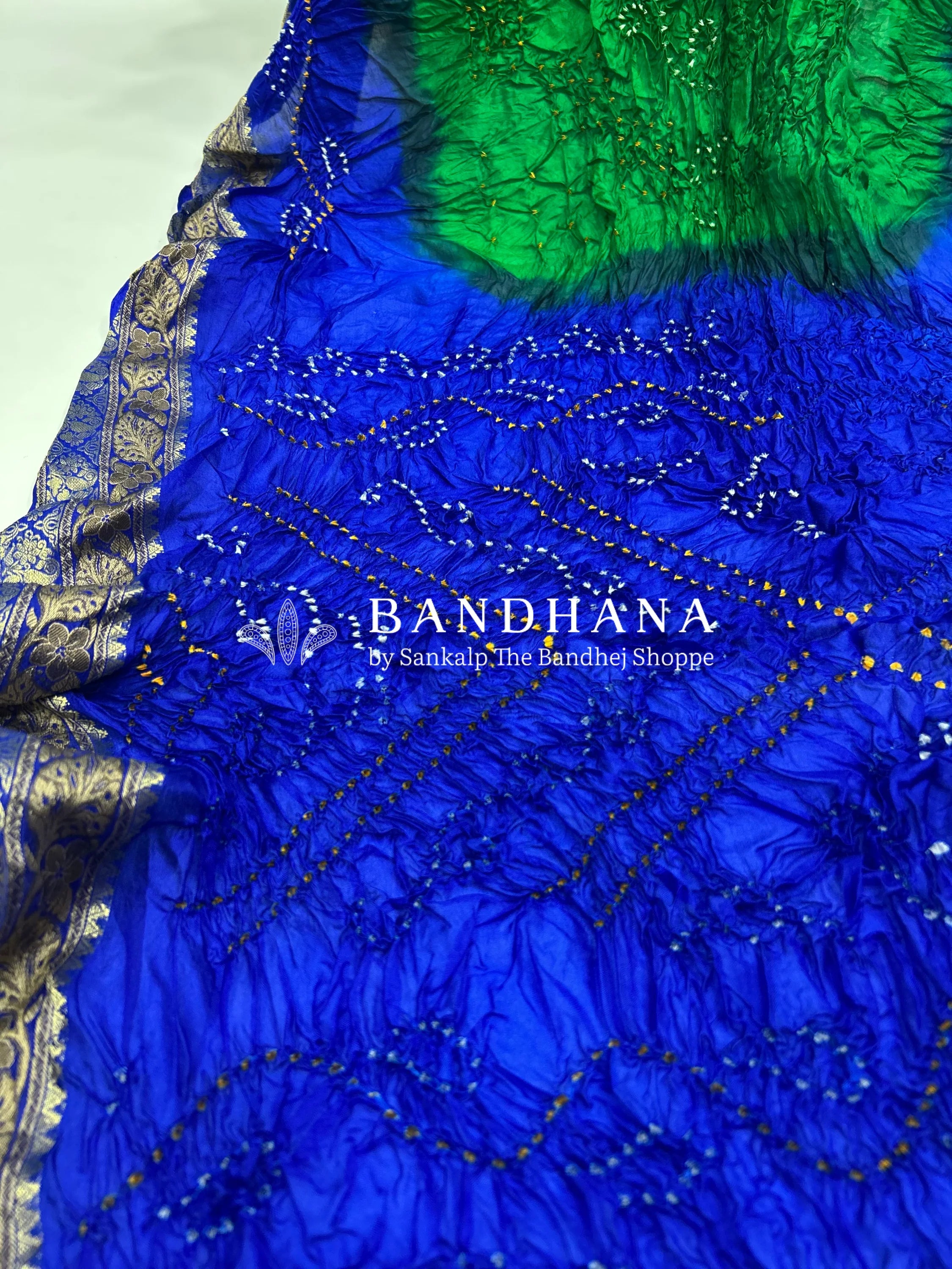 Parrot & Blue Soft Silk Resham Palav Bandhani Saree green / Soft Silk Sarees