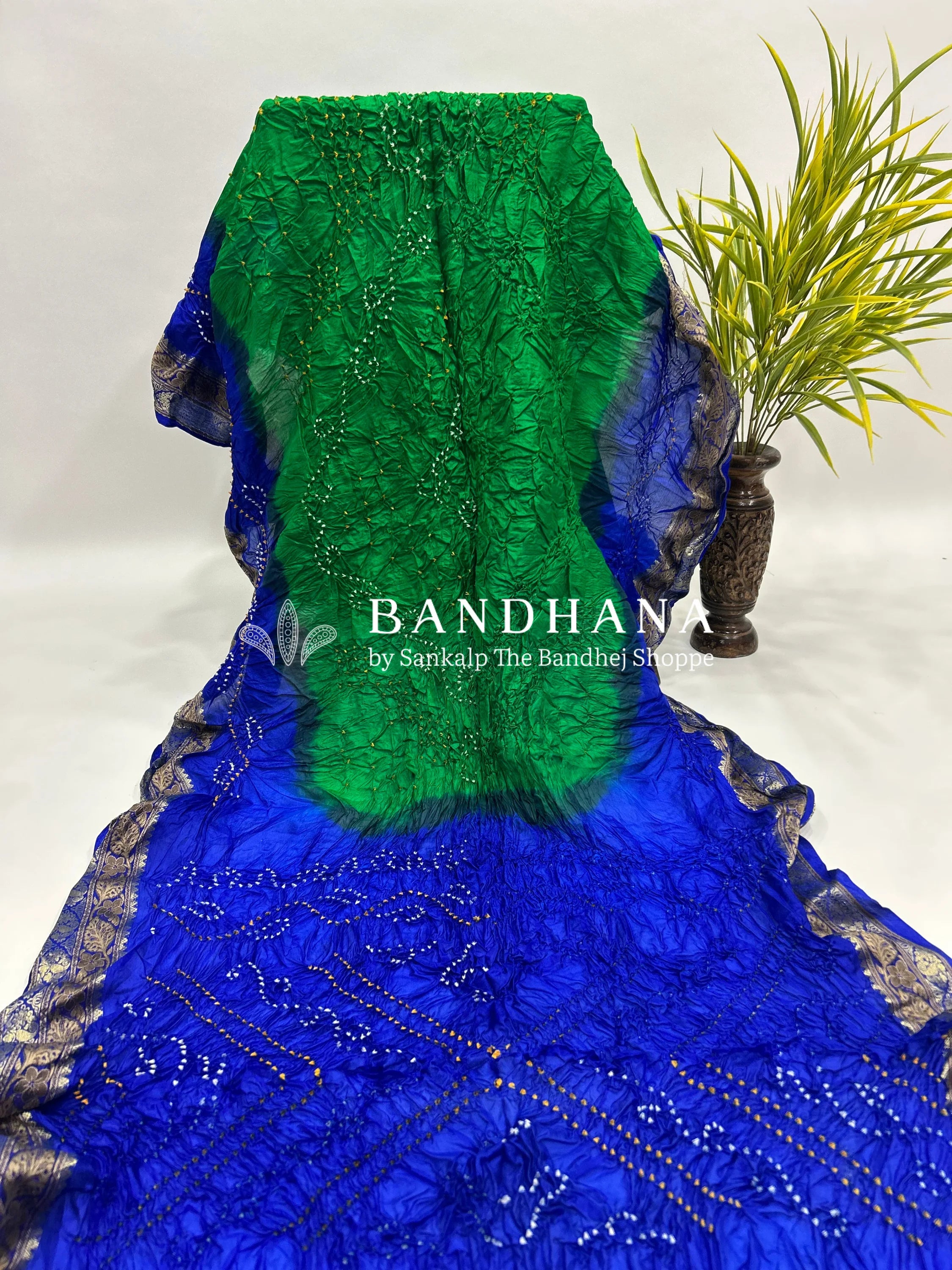 Parrot & Blue Soft Silk Resham Palav Bandhani Saree green / Soft Silk Sarees