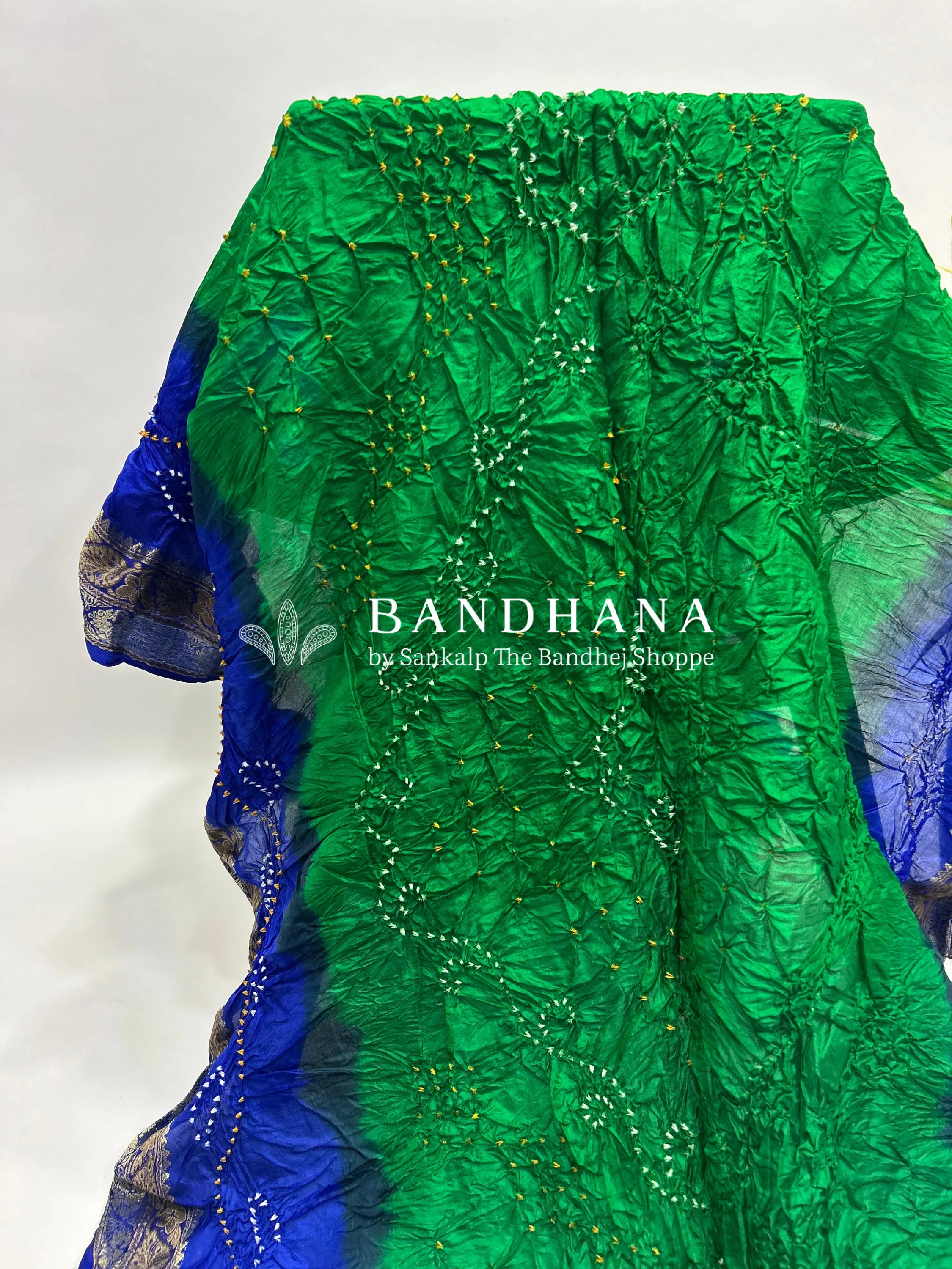 Parrot & Blue Soft Silk Resham Palav Bandhani Saree green / Soft Silk Sarees