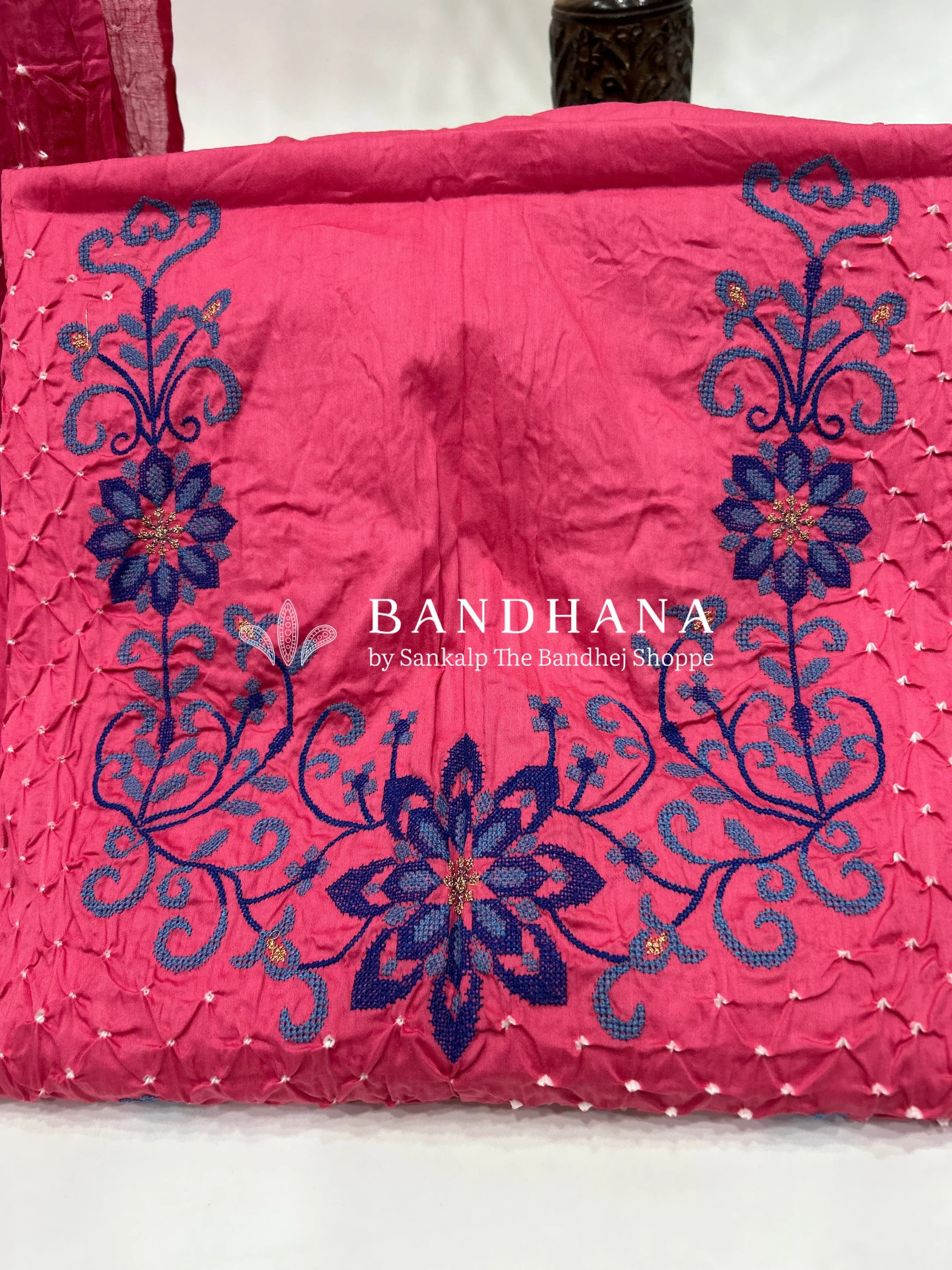 Peach Cotton Work Bandhani Dress Material (Unstitched) hotpink / Cotton Dresses