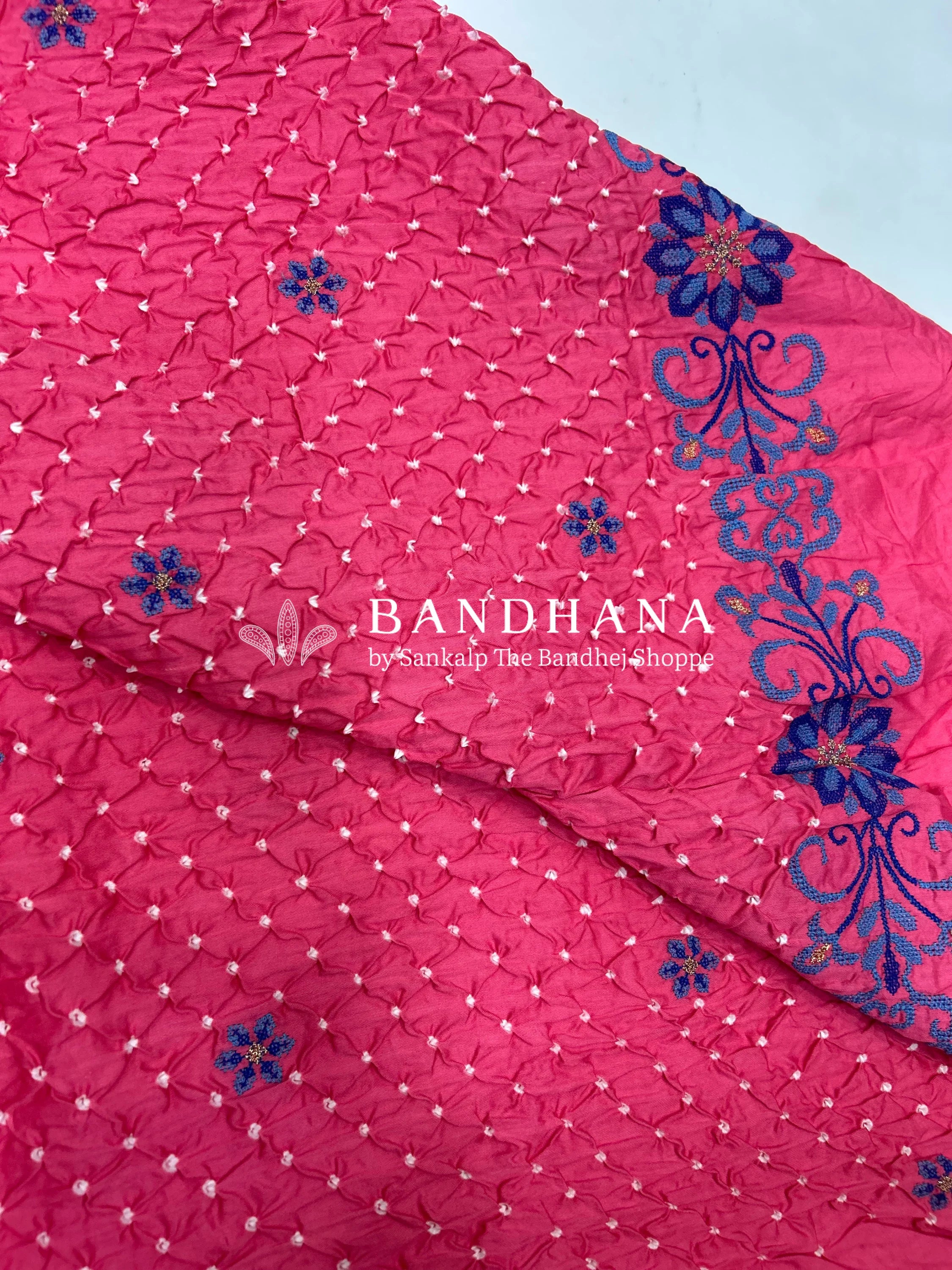 Peach Cotton Work Bandhani Dress Material (Unstitched) hotpink / Cotton Dresses