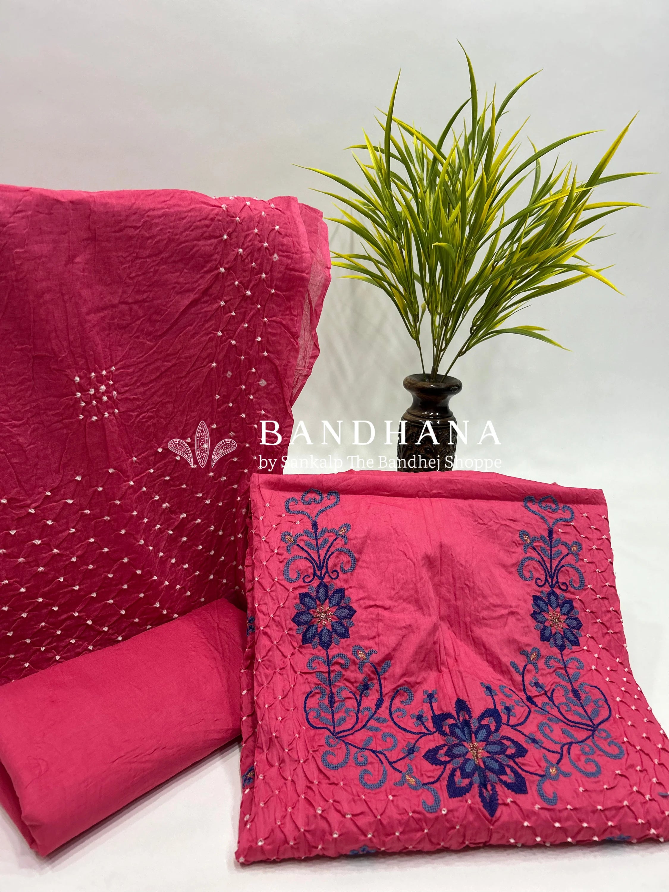 Peach Cotton Work Bandhani Dress Material (Unstitched) hotpink / Cotton Dresses