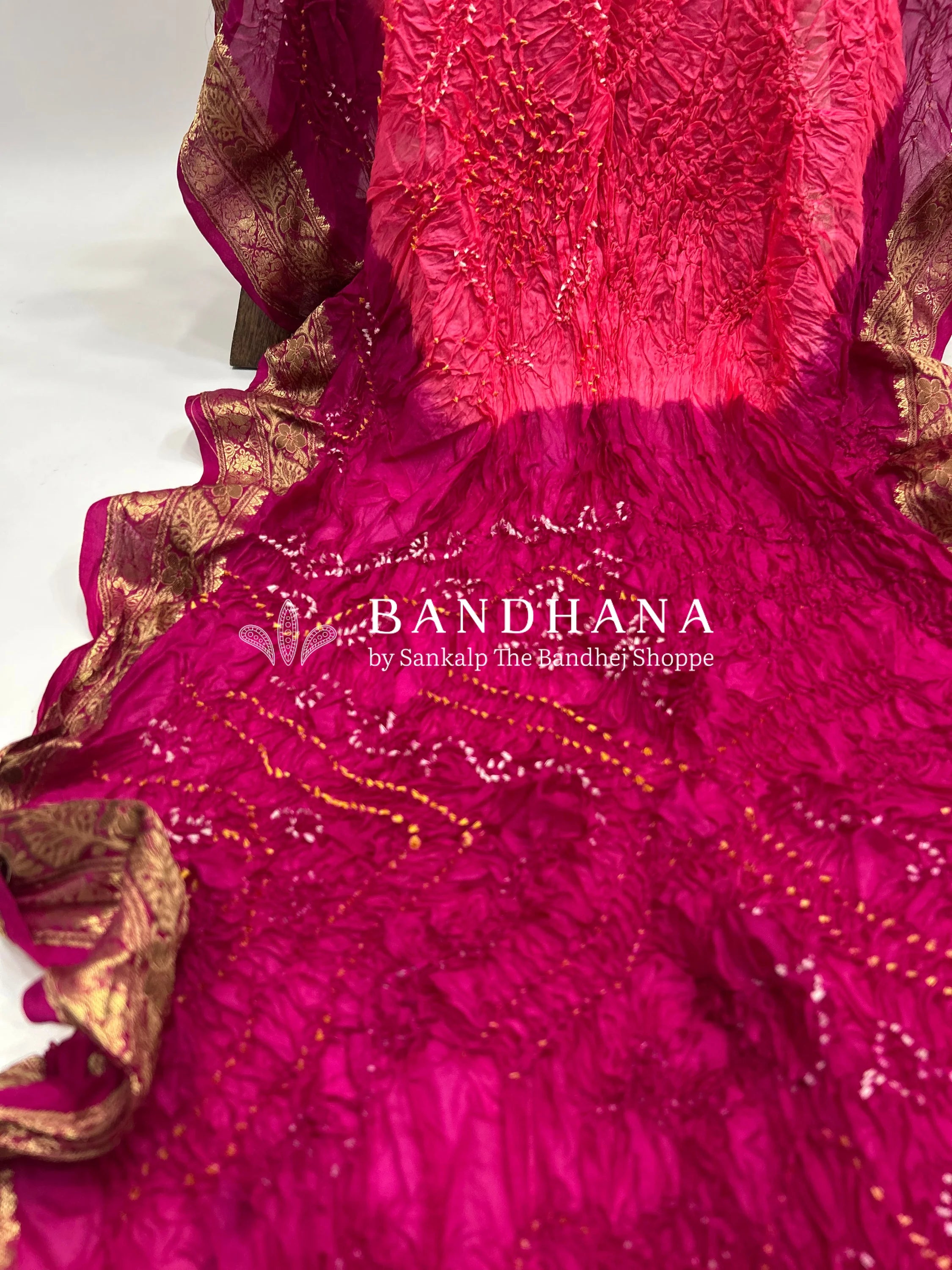 Peach & Rani Soft Silk Resham Palav Bandhani Saree pink / Soft Silk Sarees