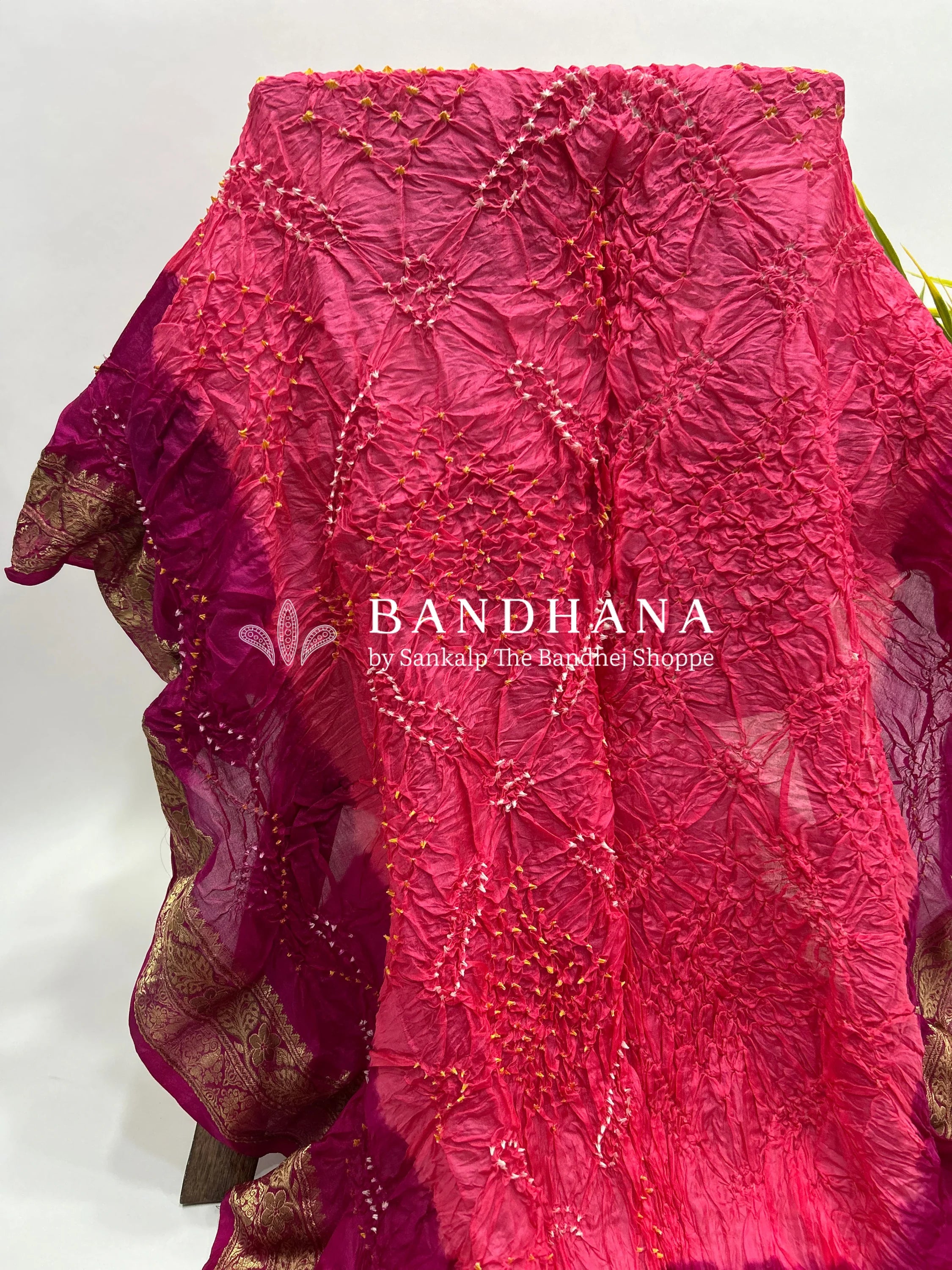 Peach & Rani Soft Silk Resham Palav Bandhani Saree pink / Soft Silk Sarees