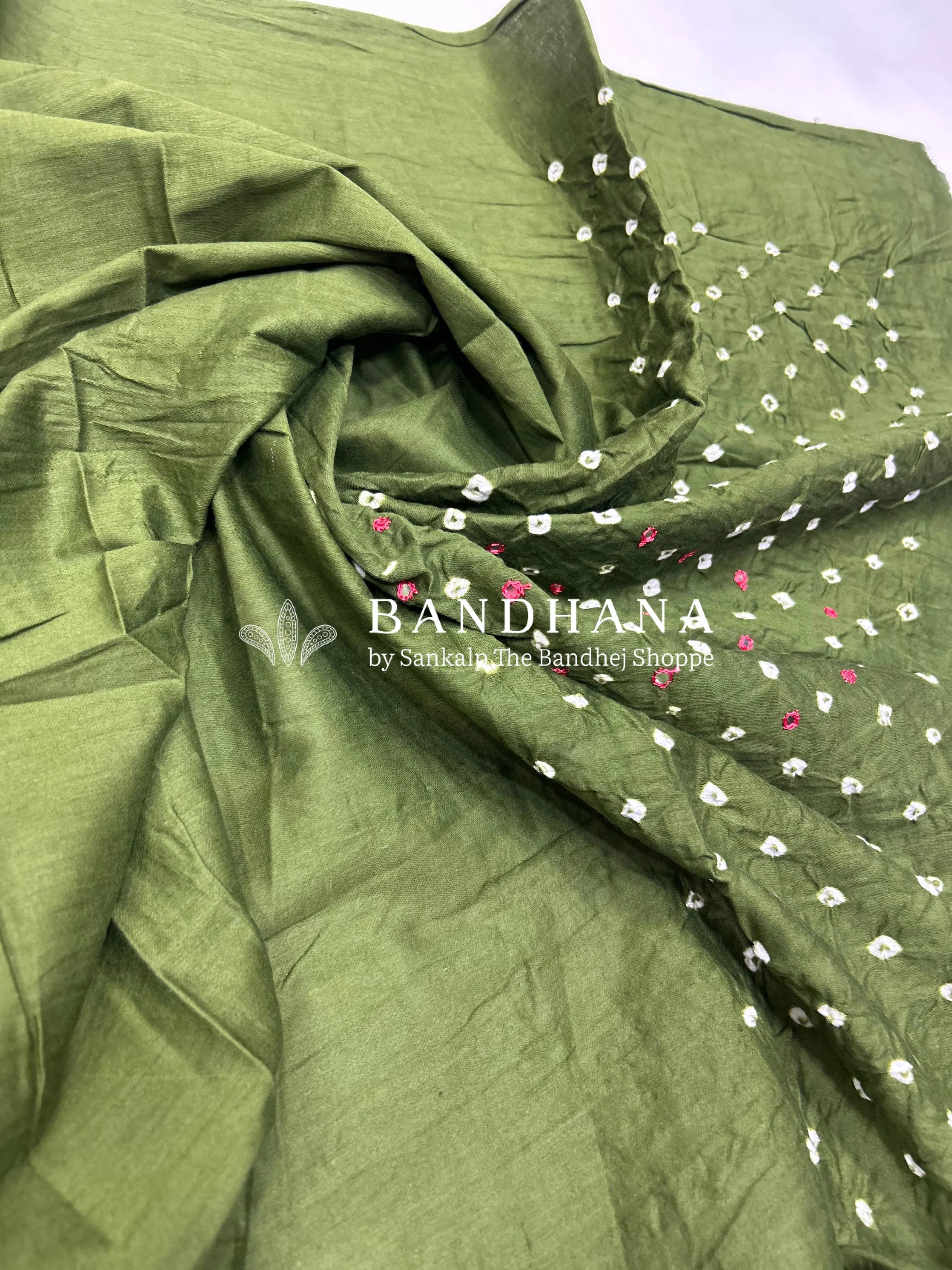 Pink-Mehendi Green Cotton Fancy Work Bandhani Dress Material pink / Cotton Dresses