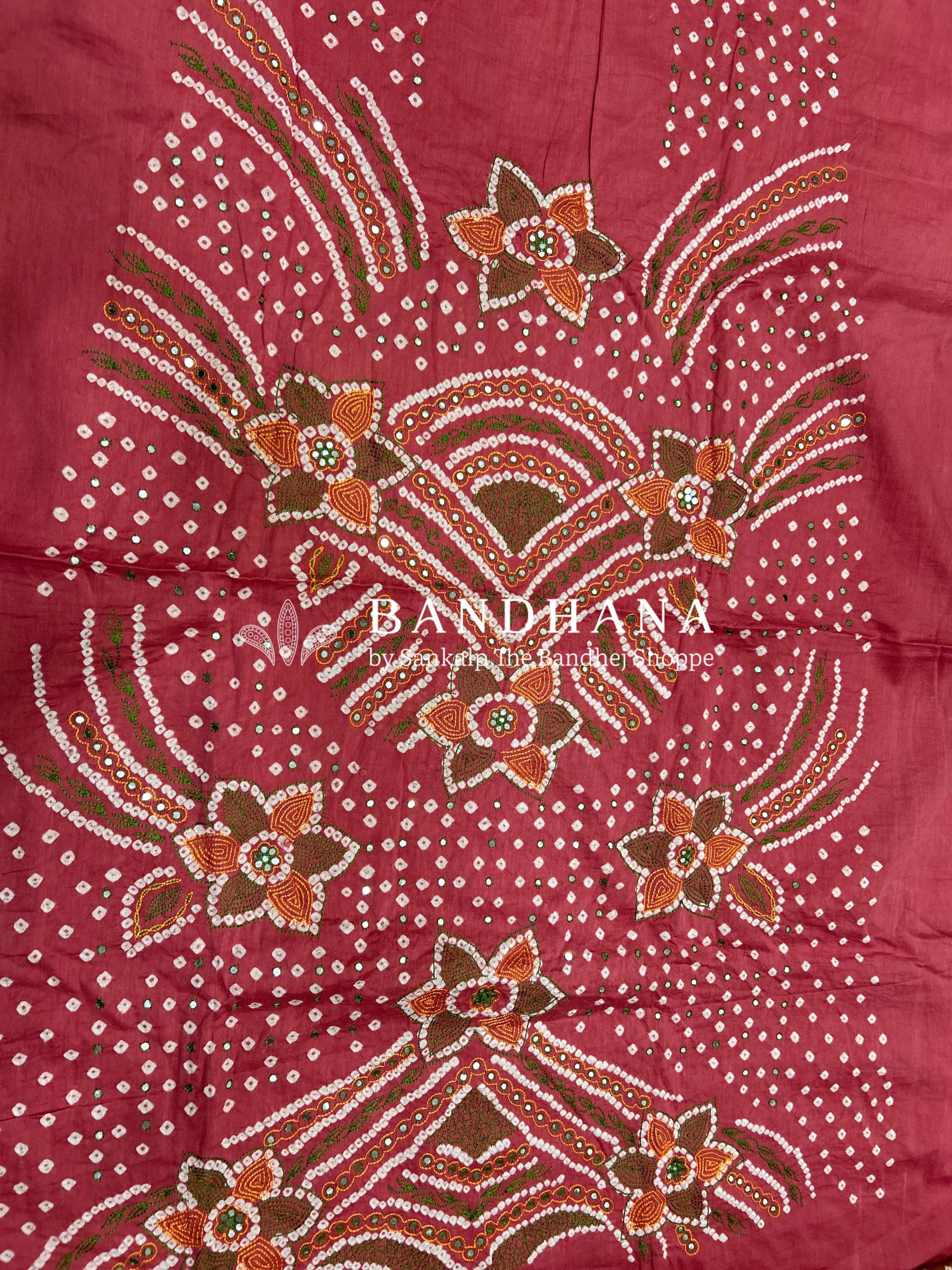 Pink-Mehendi Green Cotton Fancy Work Bandhani Dress Material pink / Cotton Dresses