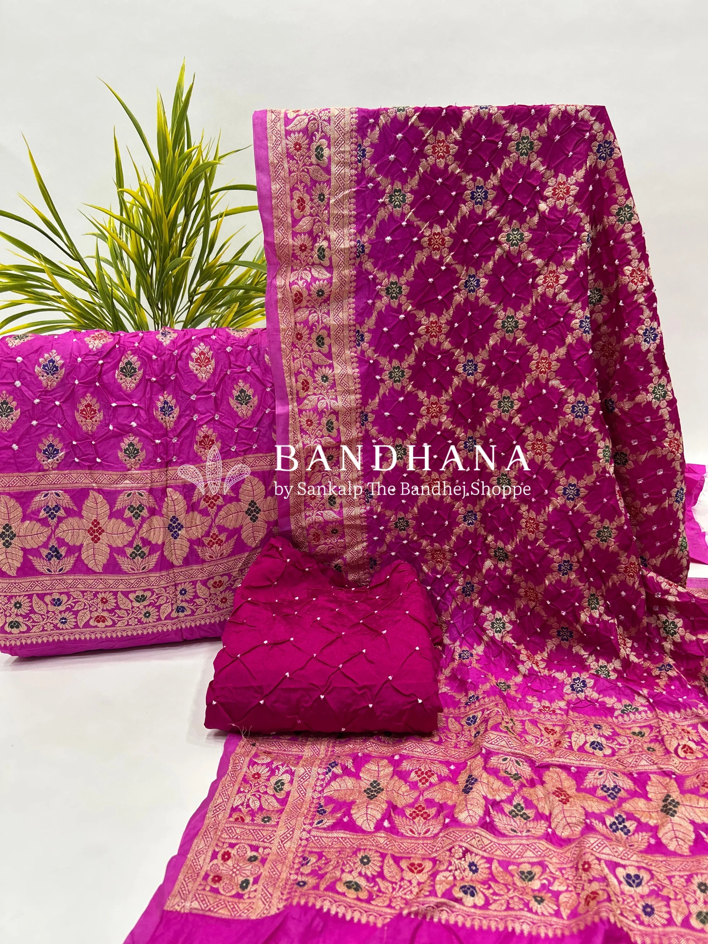 Pink & Rani Art Dupion Butta Bandhani Dress Material darkmagenta / Art Silk Dresses