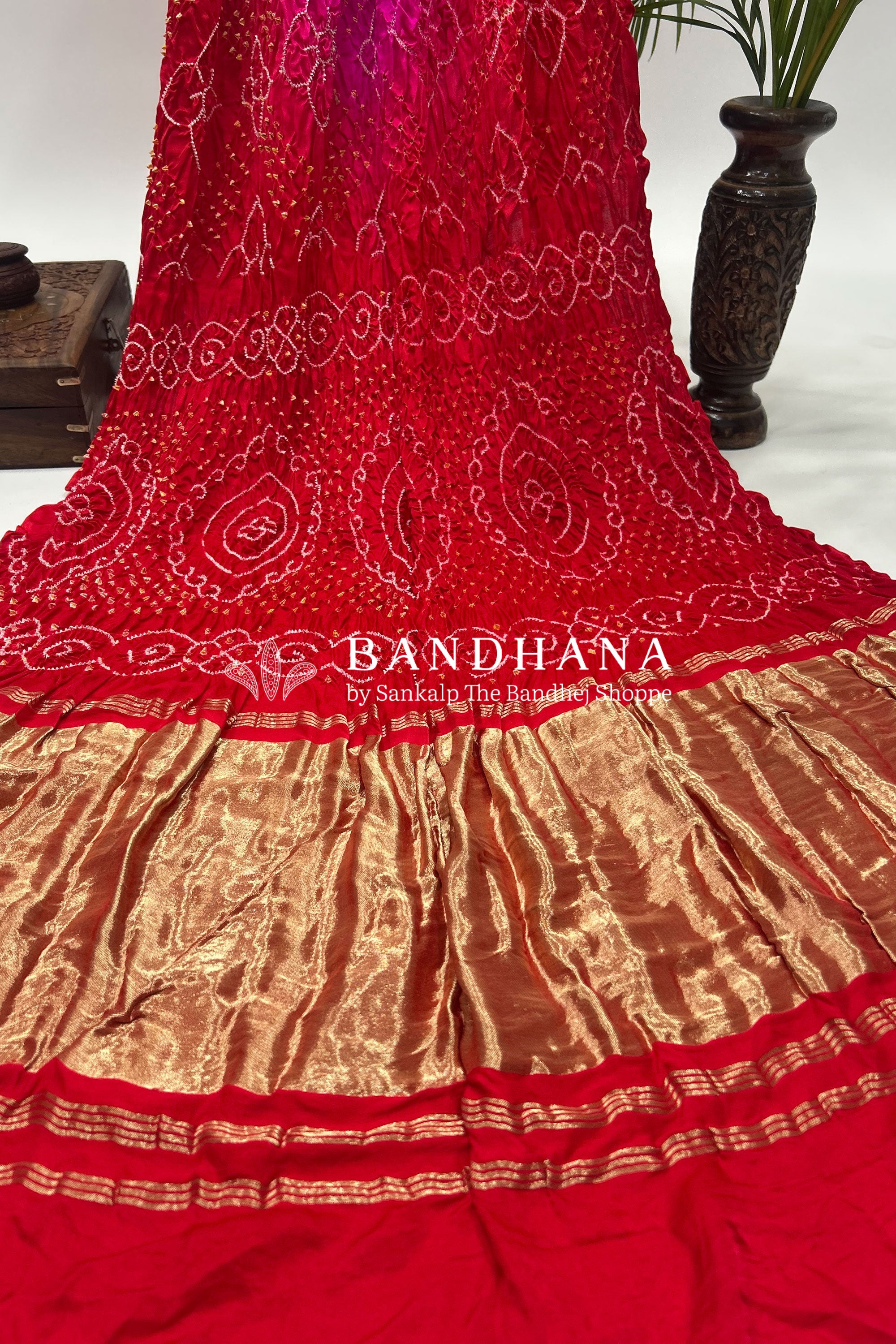 Pink Red Shaded Gajji Fancy Rai Bandhani Saree Sarees