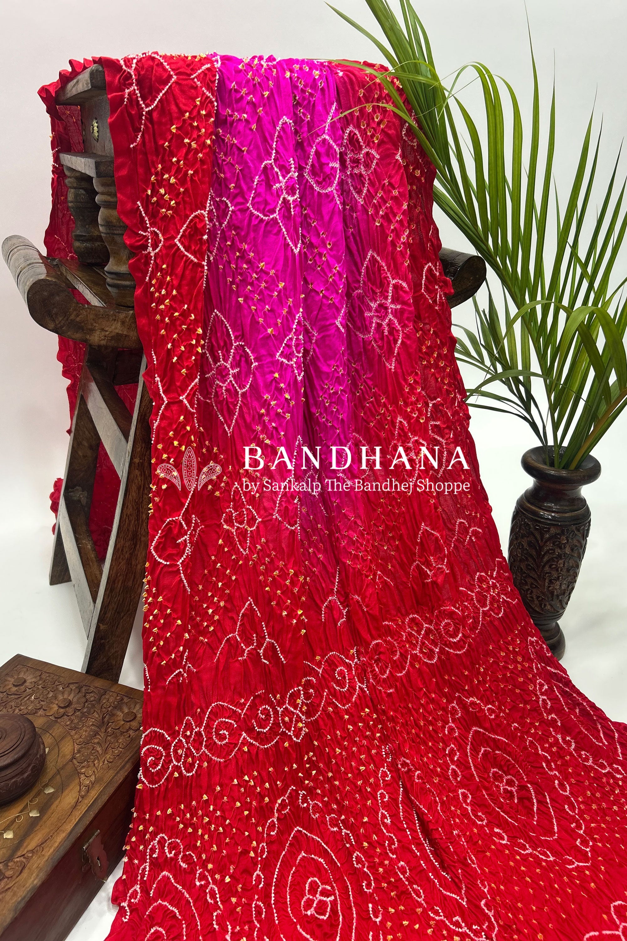 Pink Red Shaded Gajji Fancy Rai Bandhani Saree Sarees