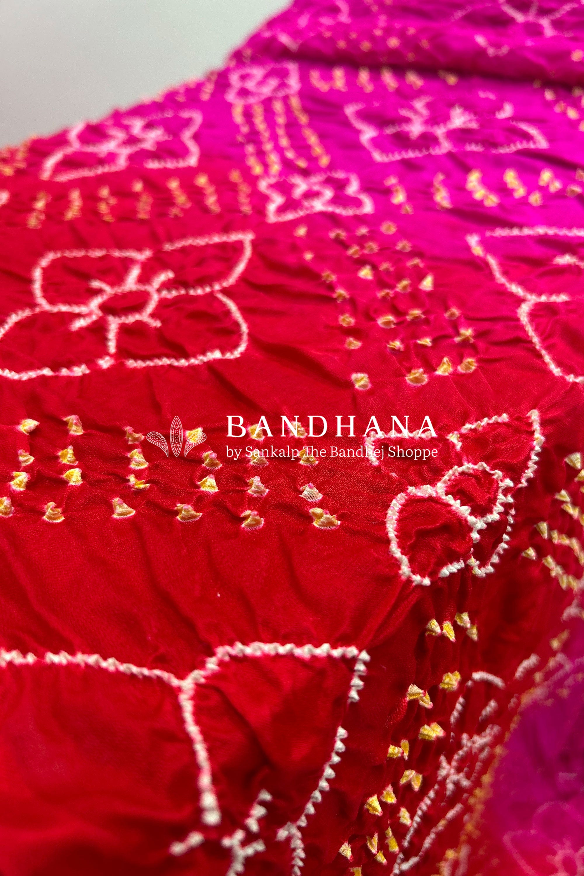 Pink Red Shaded Gajji Fancy Rai Bandhani Saree Sarees