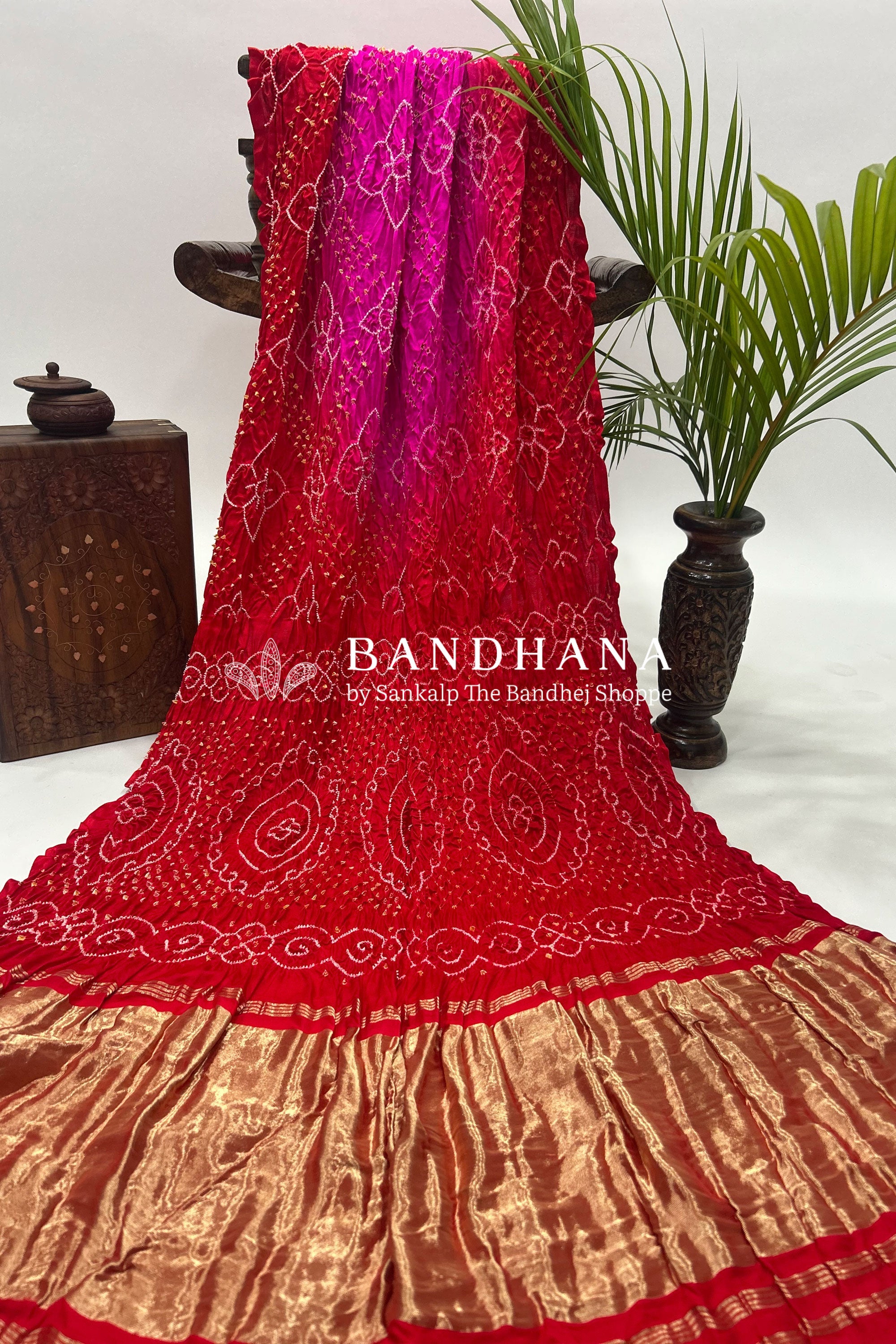 Pink Red Shaded Gajji Fancy Rai Bandhani Saree Sarees
