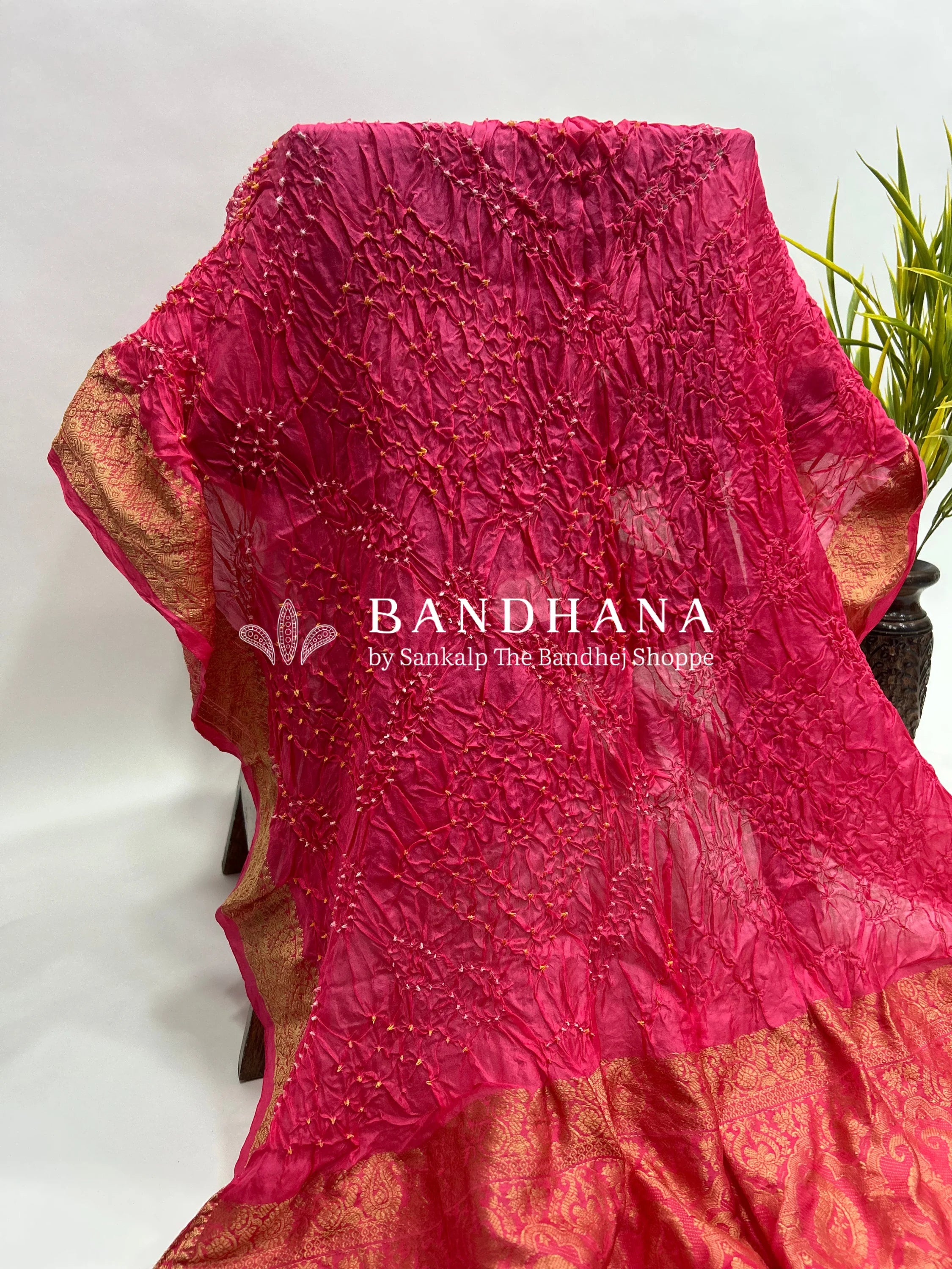 Pink Soft Silk Resham Palav Bandhani Saree deeppink / Soft Silk Sarees
