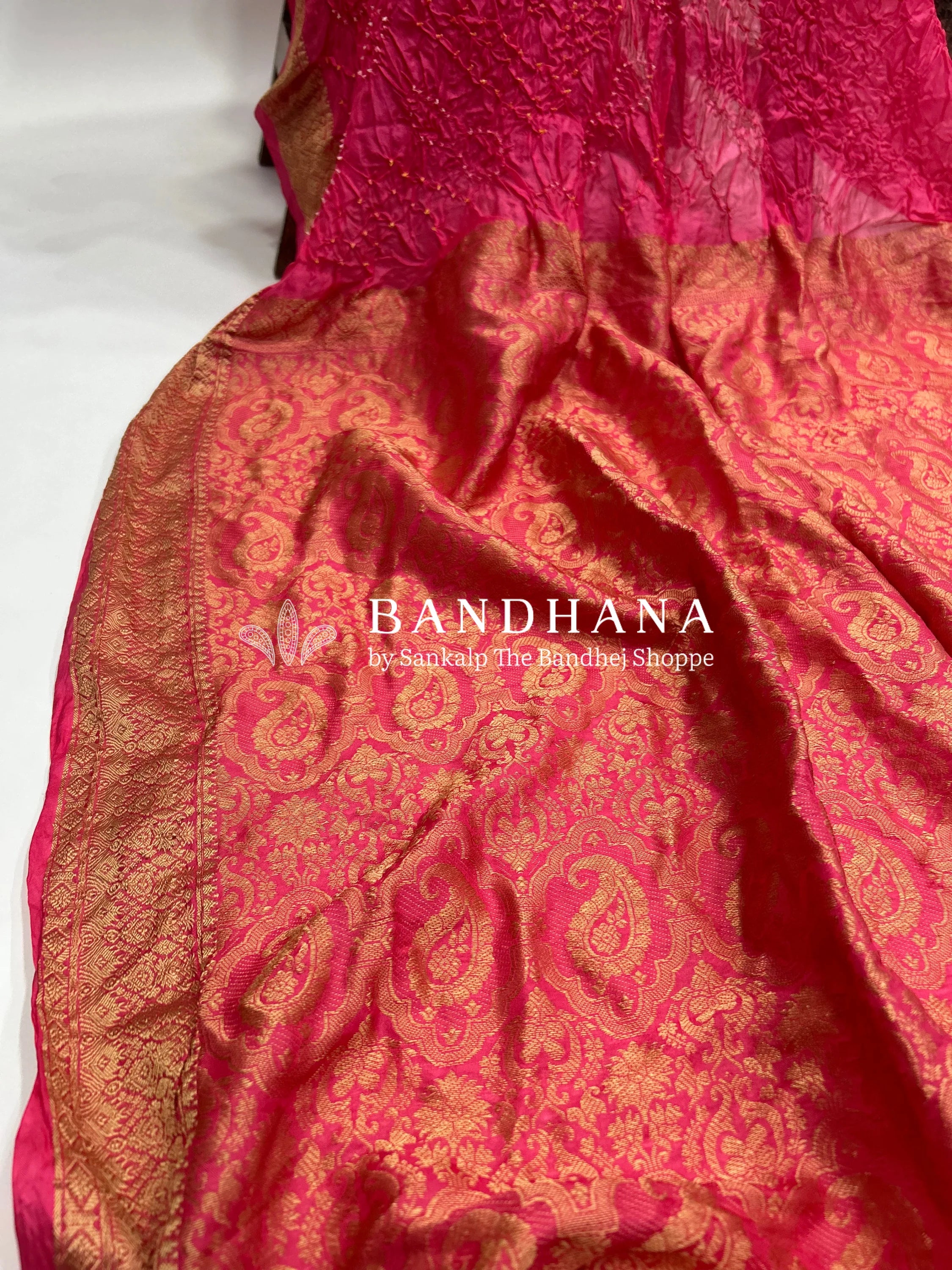 Pink Soft Silk Resham Palav Bandhani Saree deeppink / Soft Silk Sarees