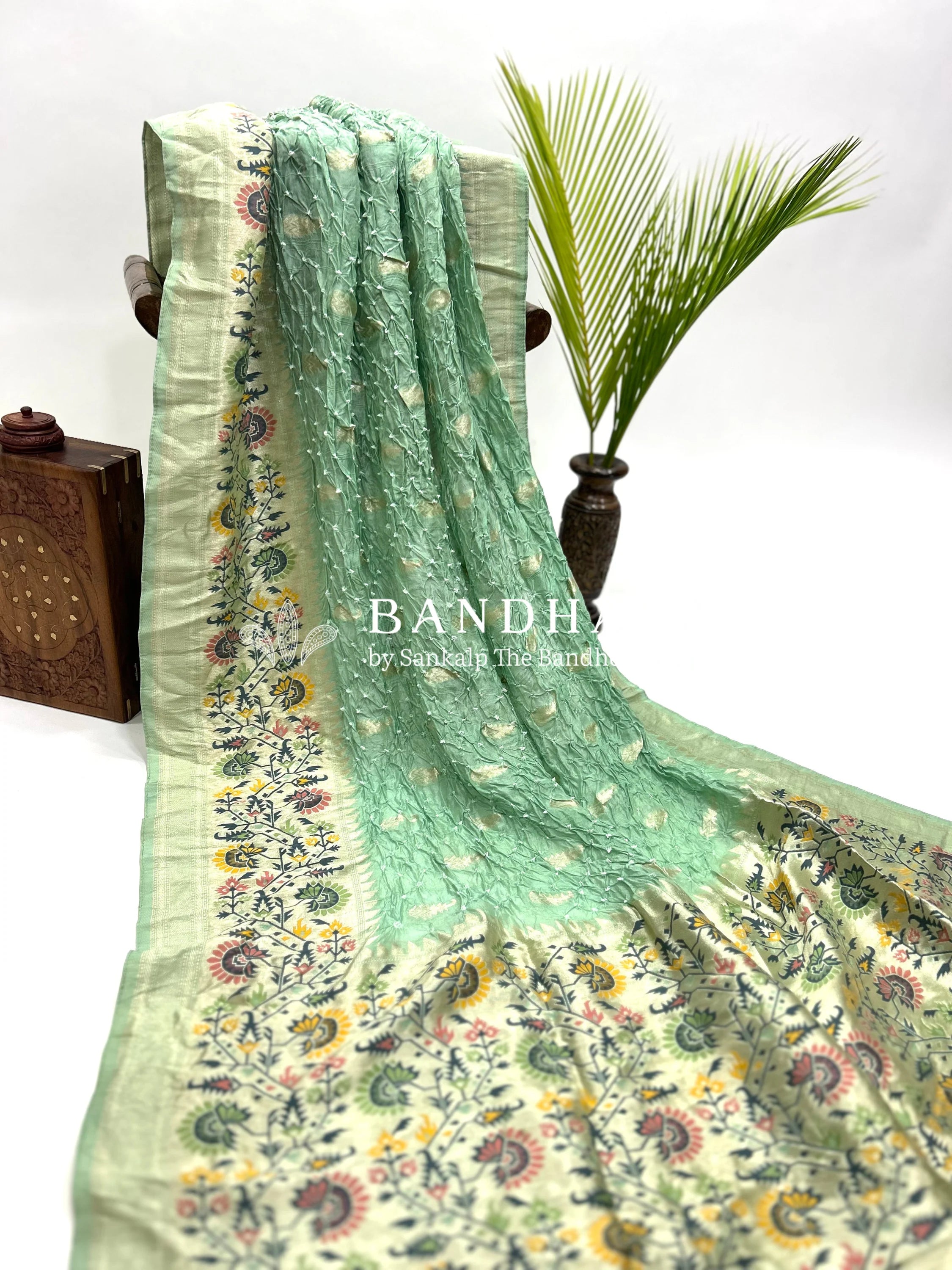 Pista Art Tussar Silk Bandhani Saree Sarees