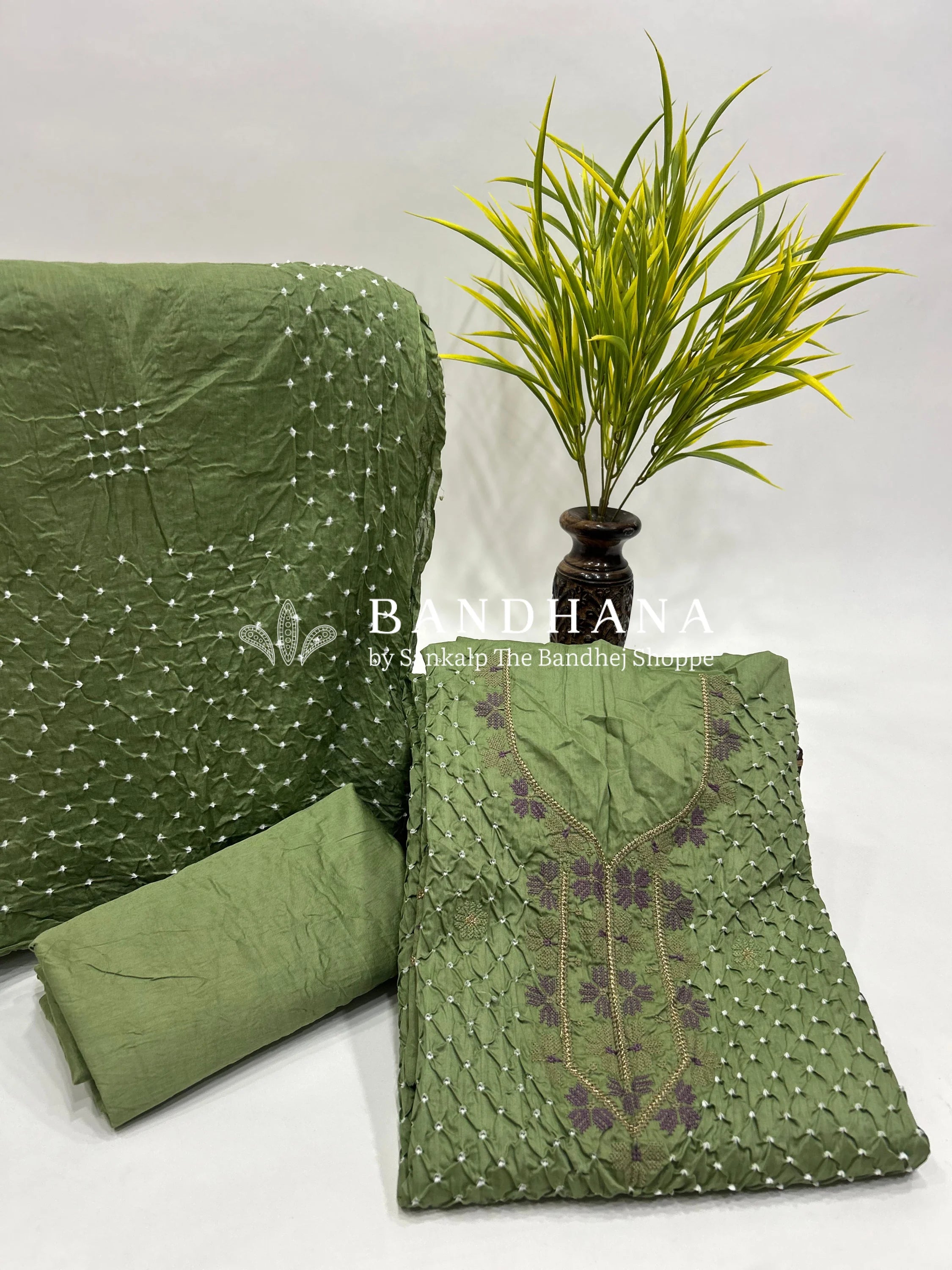 Pista Cotton Work Bandhani Dress Material (Unstitched) darkseagreen / Cotton Dresses