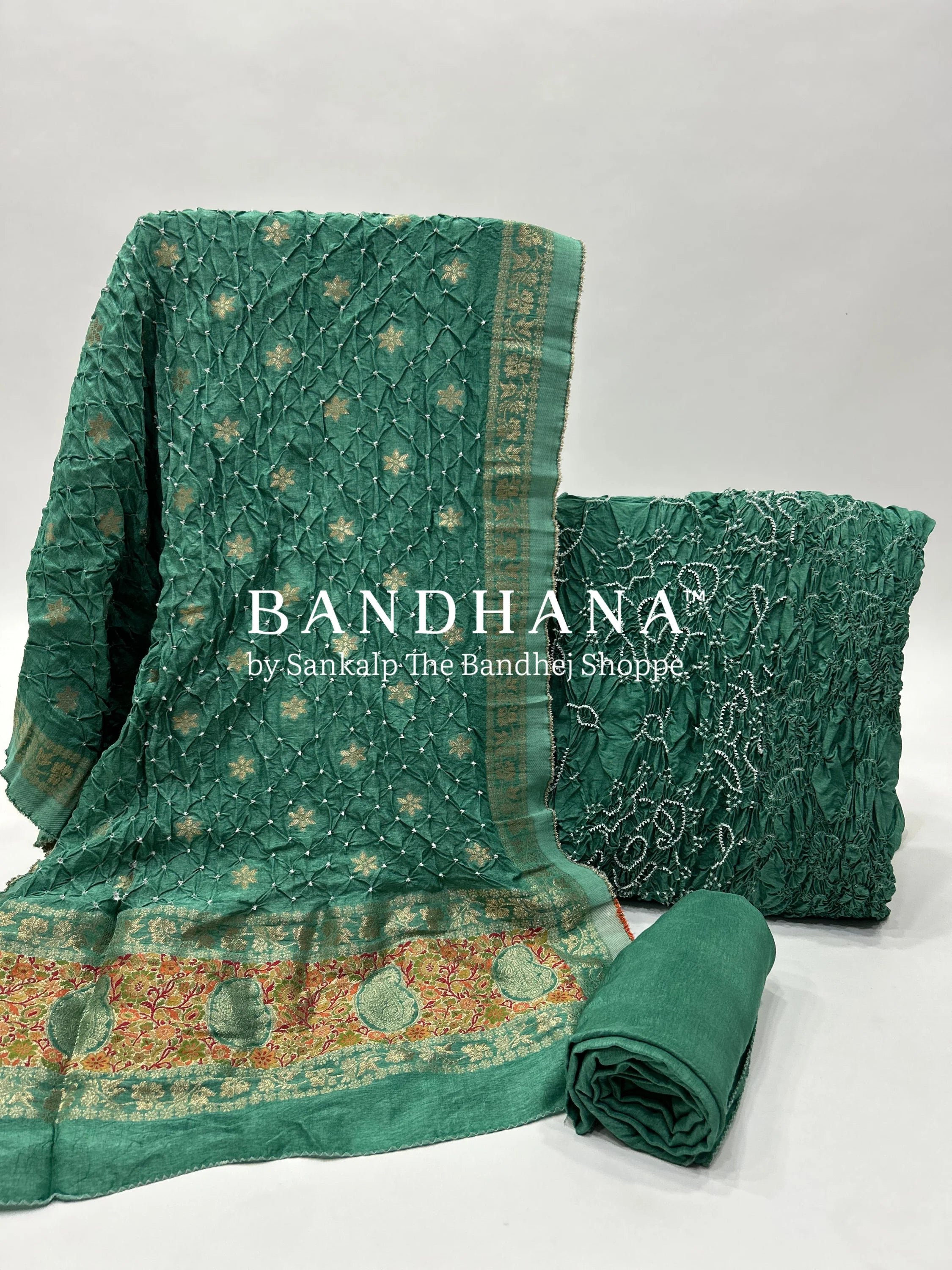 Pista Dola Silk Bandhani Dress Material teal / Dola Silk Dresses