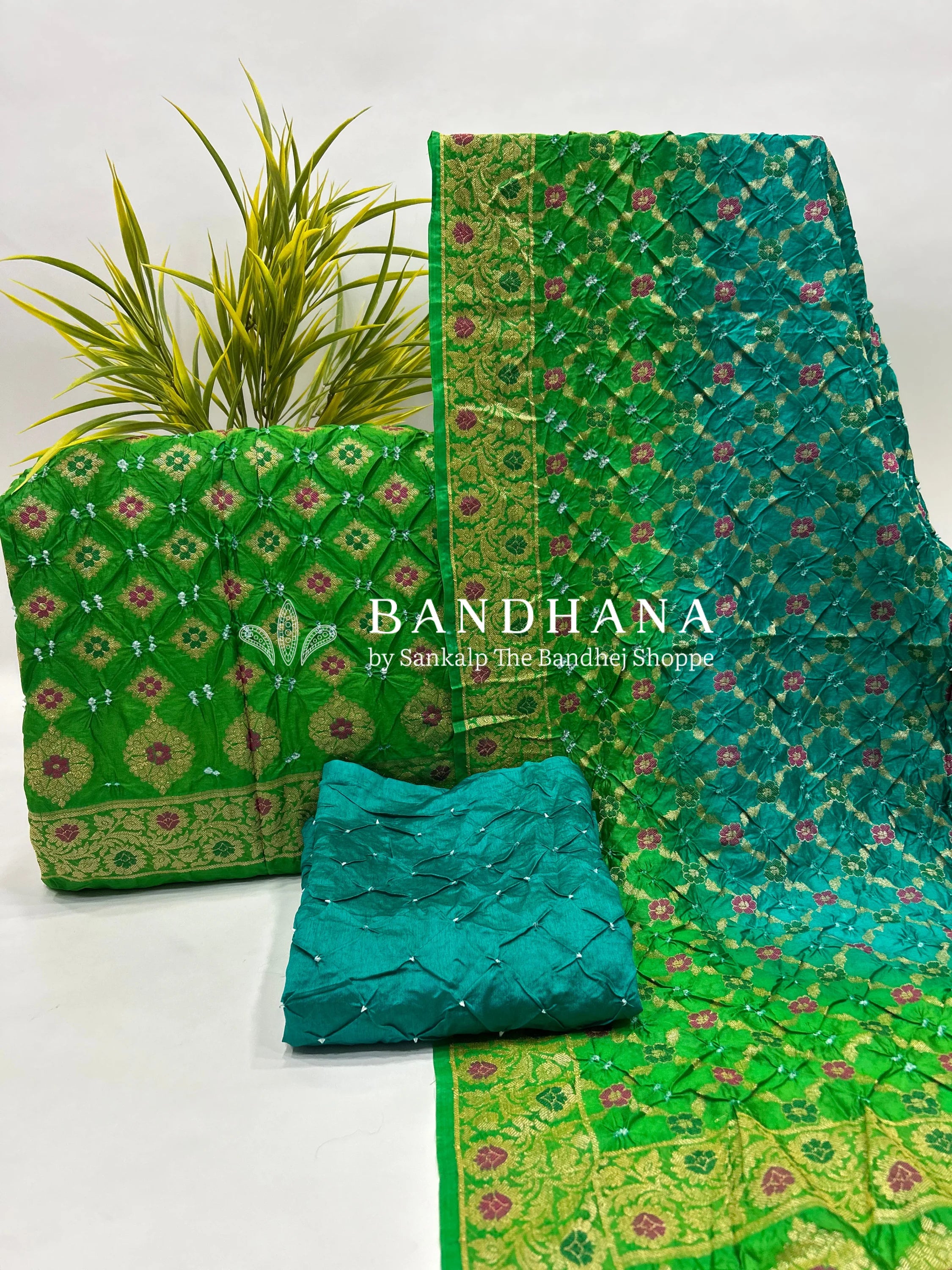 Pista & Sea Green Art Dupion Butta Bandhani Dress Material limegreen / Art Silk Dresses