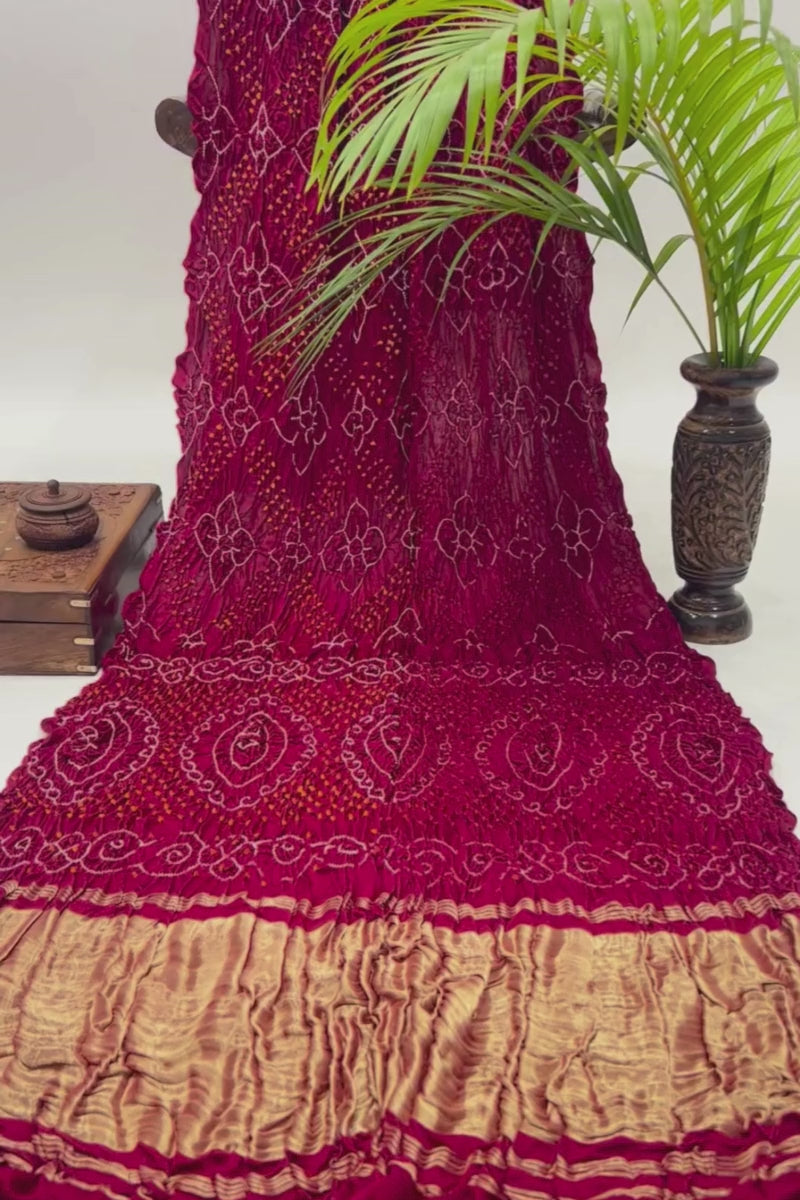 Pink Red Shaded Gajji Fancy Rai Bandhani Saree