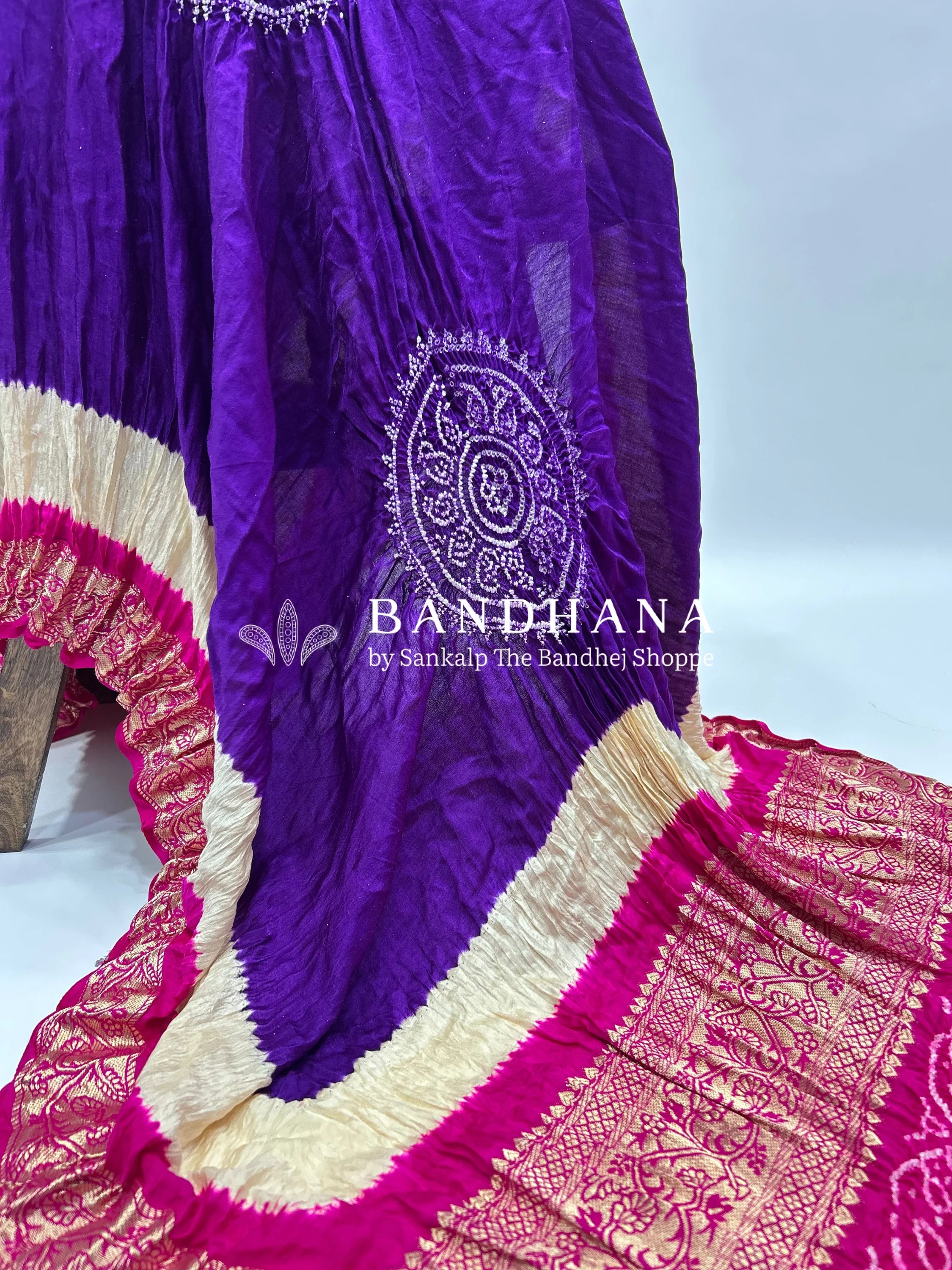 Purple-Rani Gajji Silk Designer Gala Dupatta With 3 Colour Dying purple / Gajji Silk Dupattas