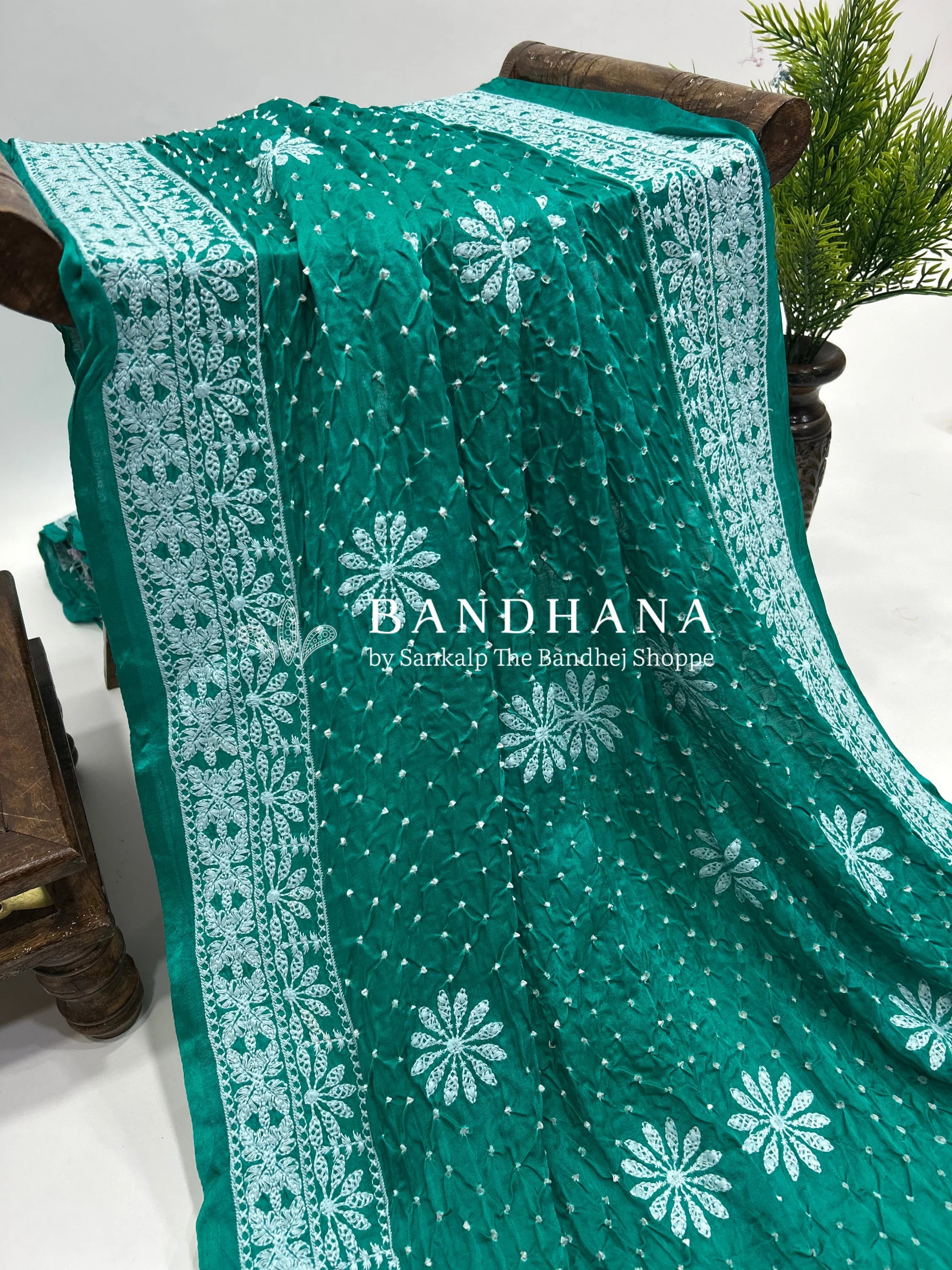 Rama Green Gajji Silk Lucknowi Bandhani Saree teal / Gajji Silk Sarees