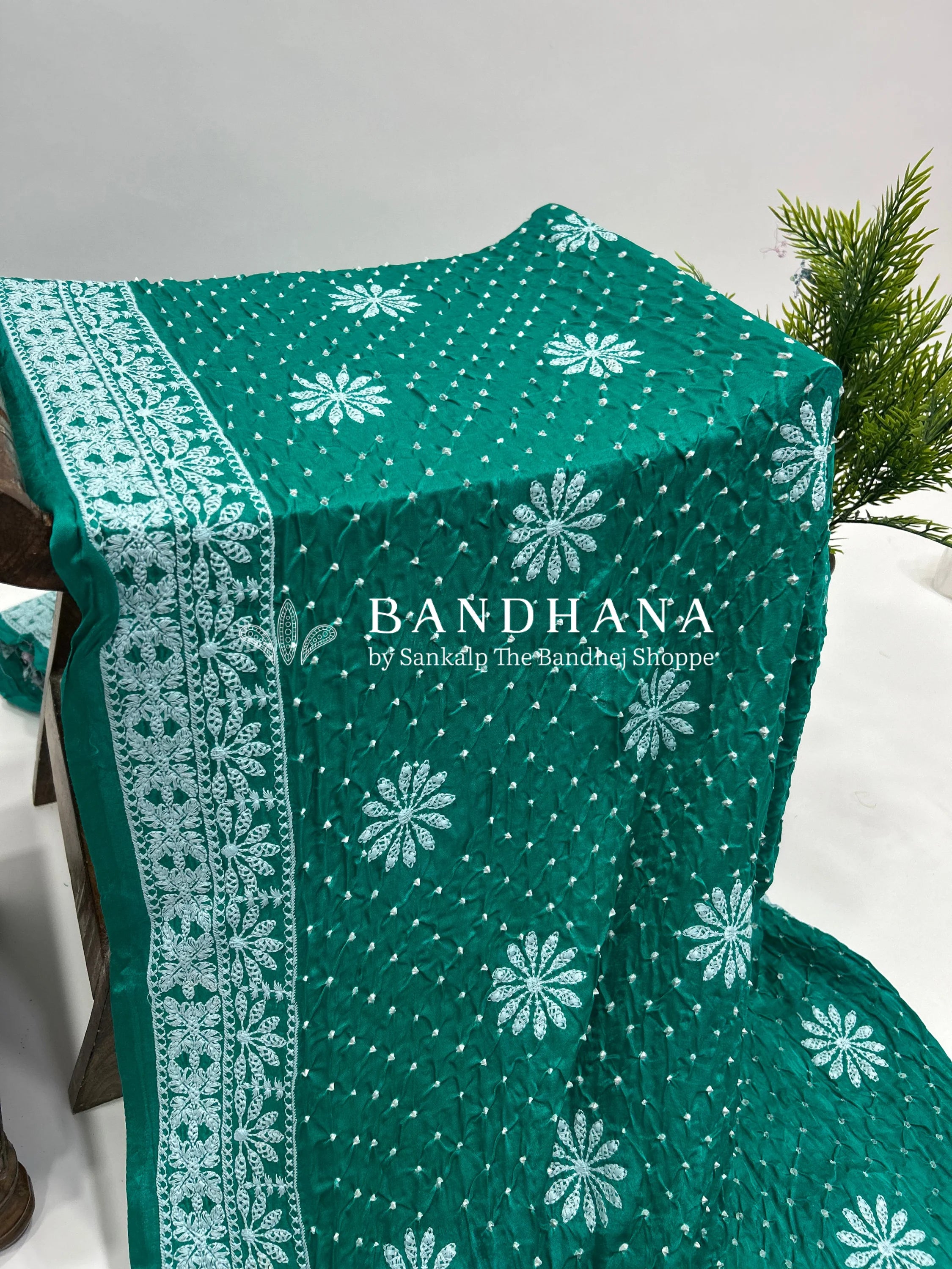 Rama Green Gajji Silk Lucknowi Bandhani Saree teal / Gajji Silk Sarees