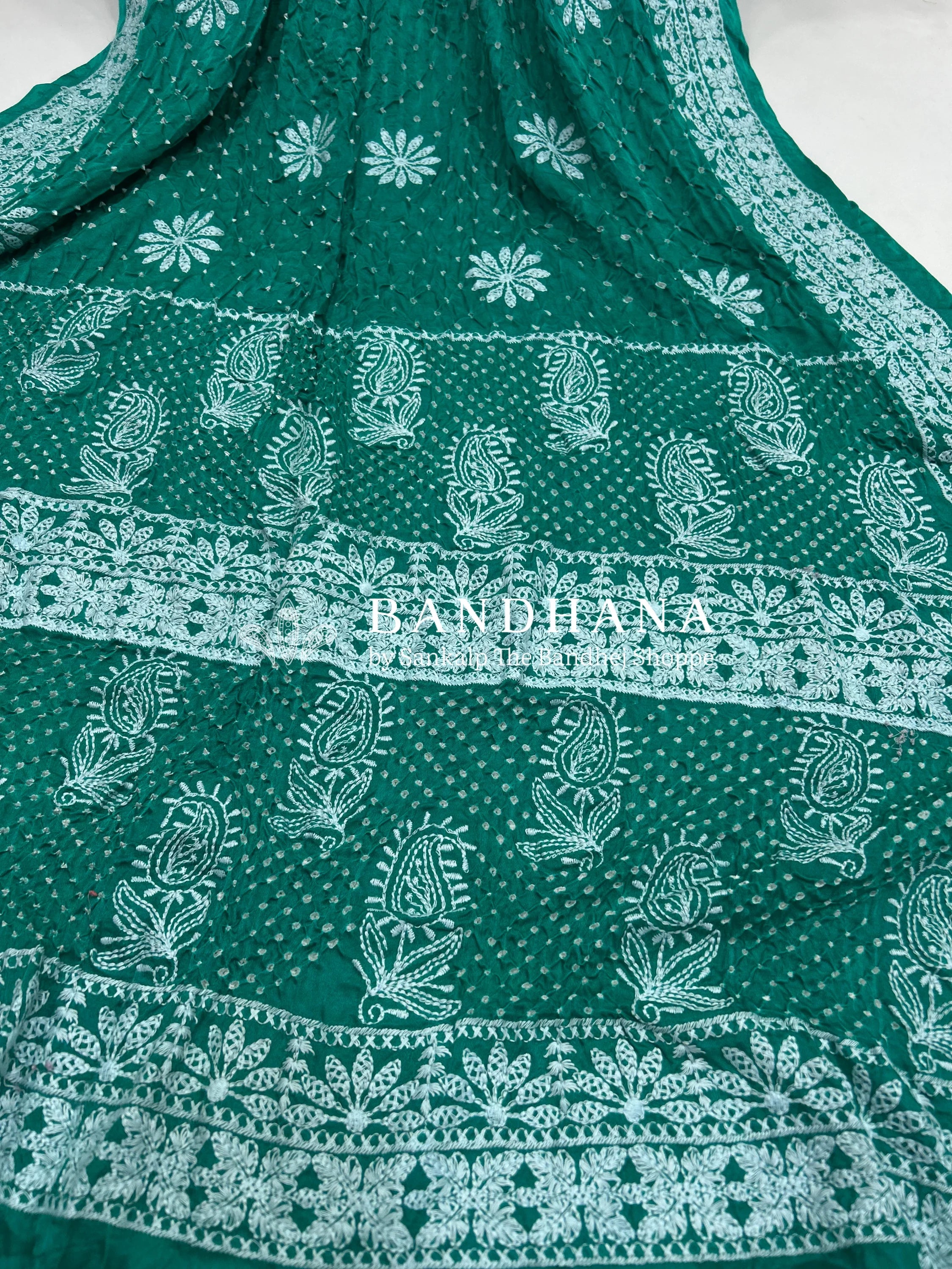 Rama Green Gajji Silk Lucknowi Bandhani Saree teal / Gajji Silk Sarees