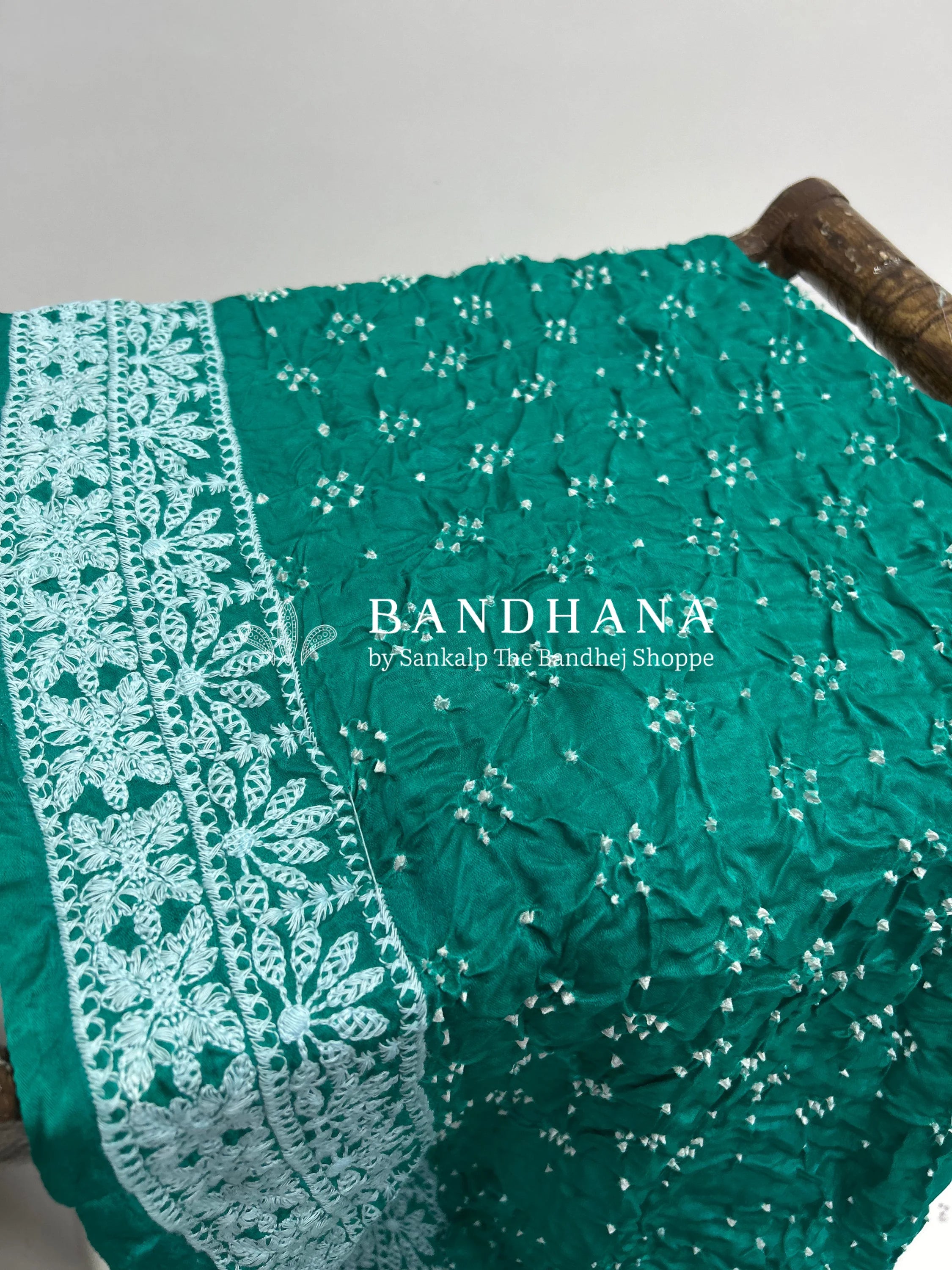 Rama Green Gajji Silk Lucknowi Bandhani Saree teal / Gajji Silk Sarees