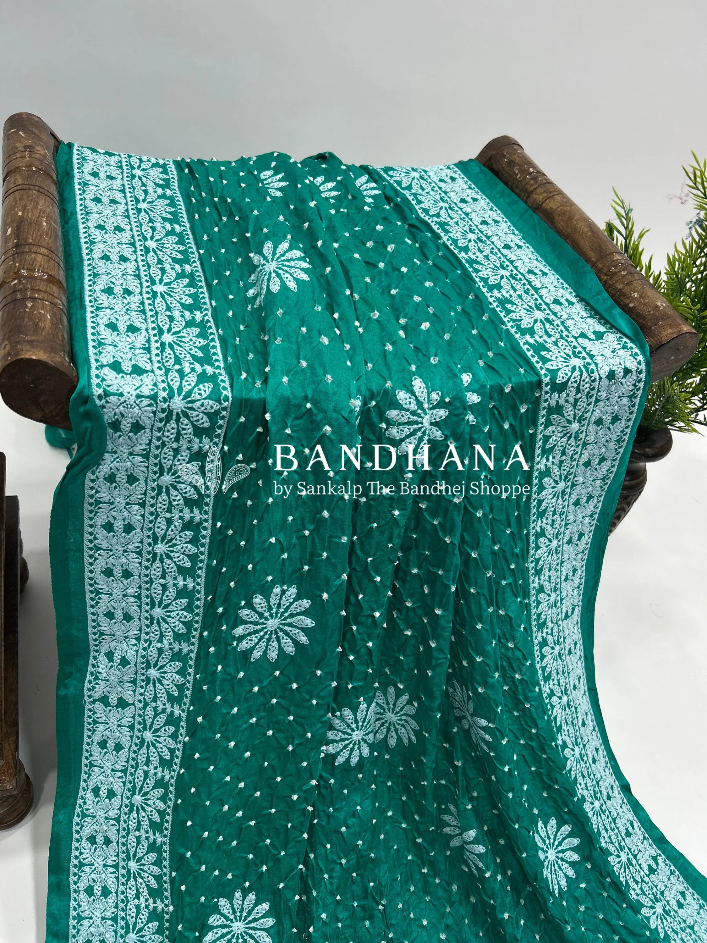 Rama Green Gajji Silk Lucknowi Bandhani Saree teal / Gajji Silk Sarees