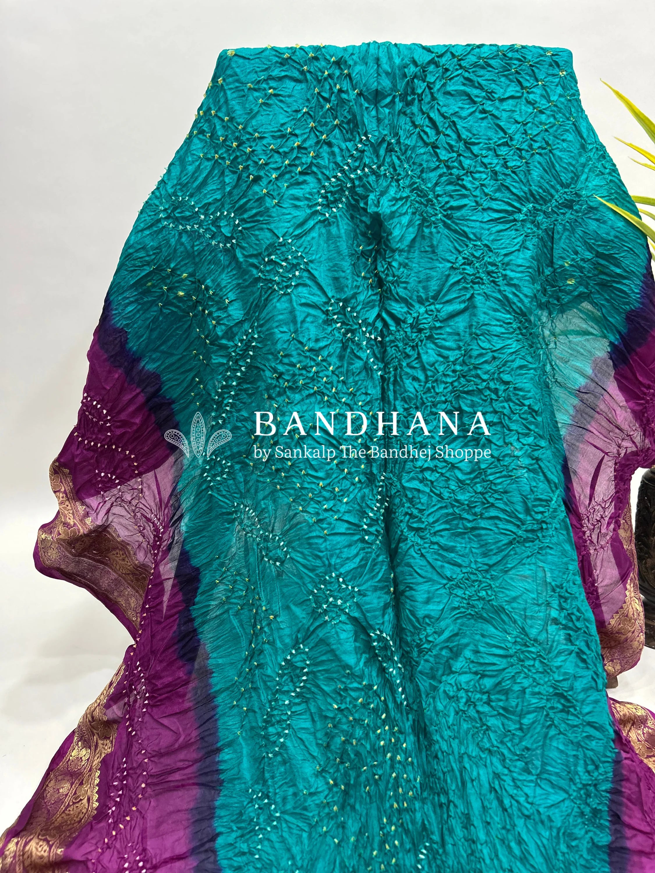 Rama & Magenta Soft Silk Resham Palav Bandhani Saree darkcyan / Soft Silk Sarees