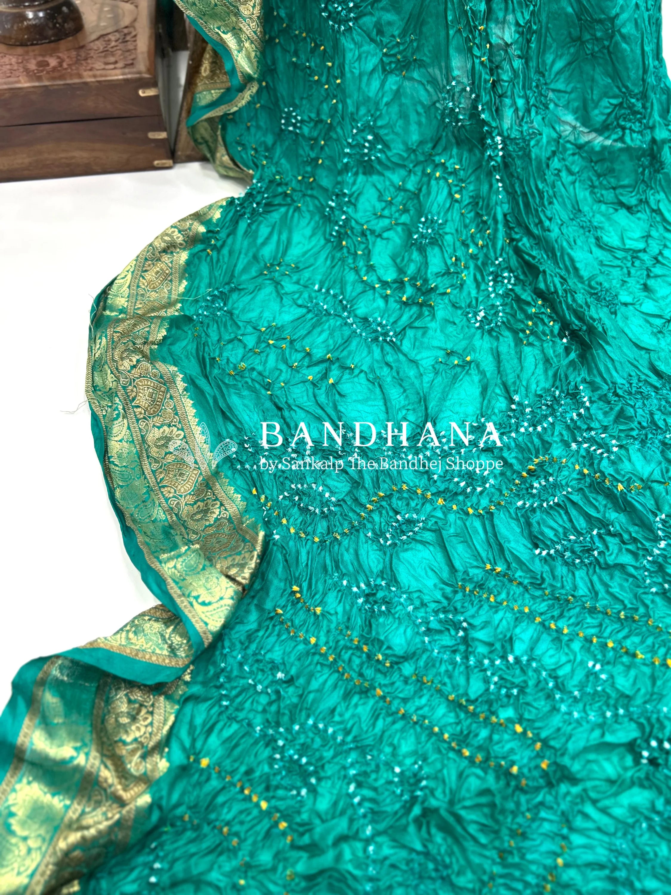 Rama Soft Silk Resham Border Bandhani Saree darkcyan / Soft Silk Sarees