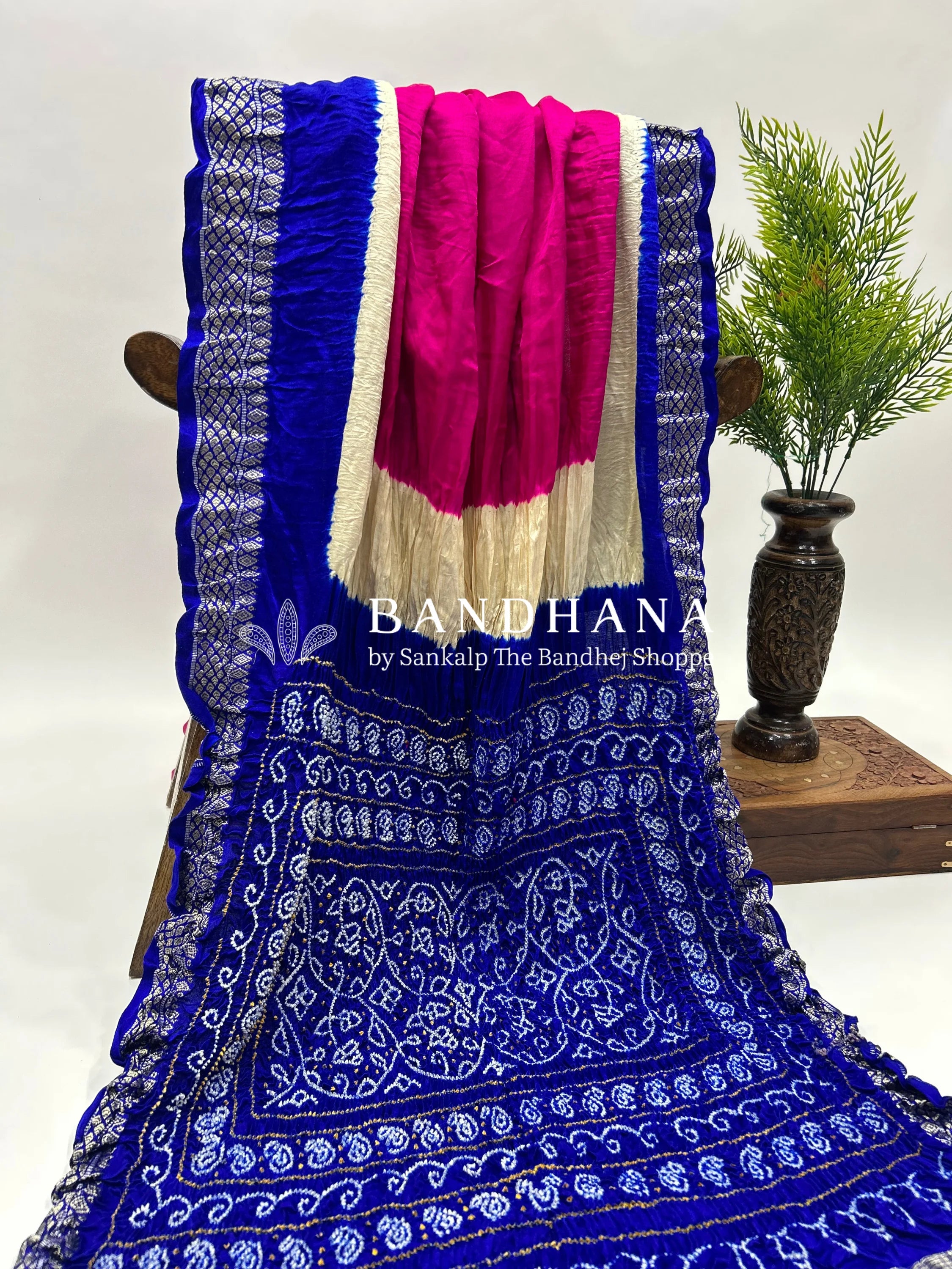 Rani-Blue Gajji Silk Designer Gala Saree with 3 Colour Dying blue / Gajji Silk Sarees