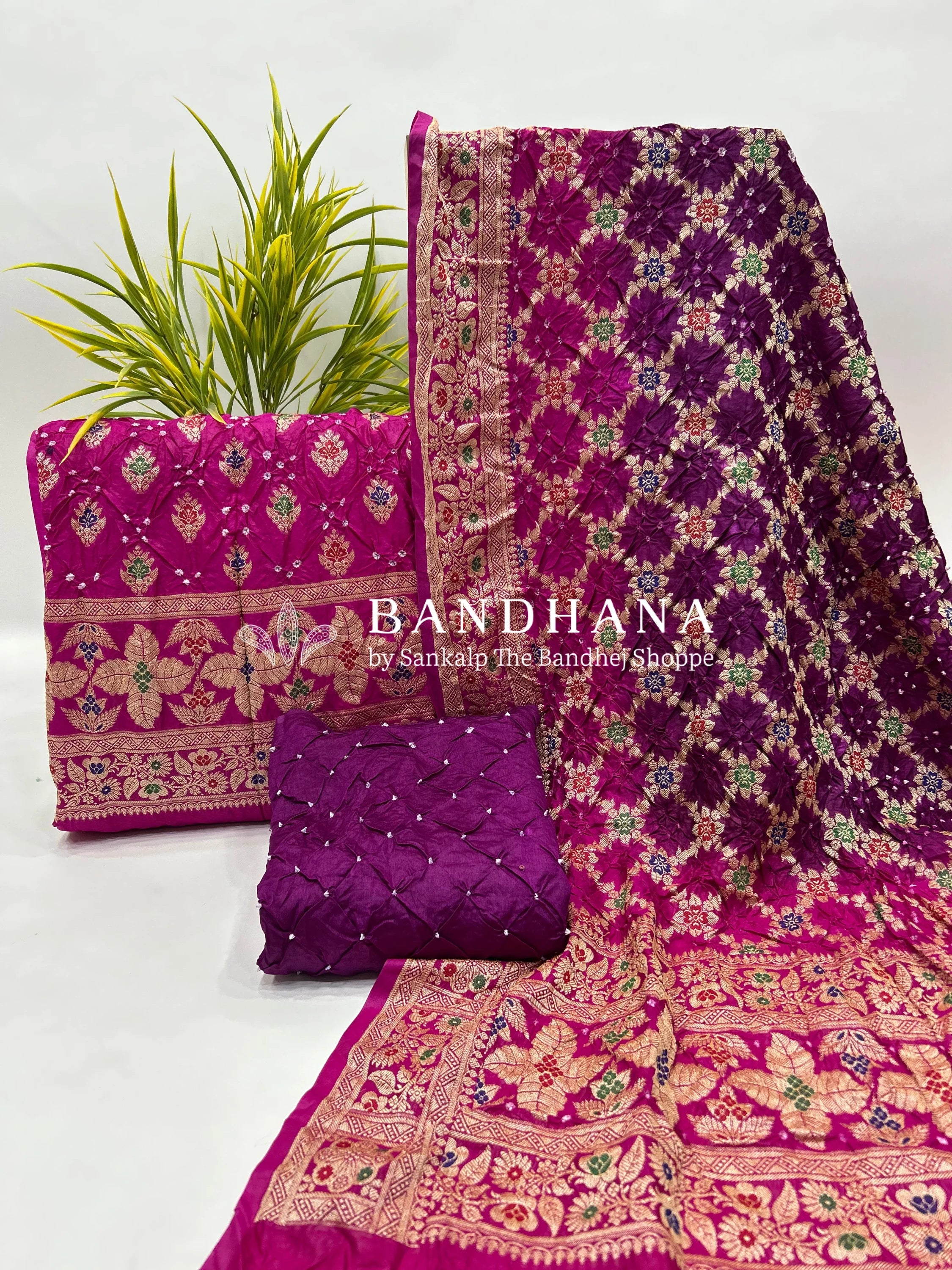 Rani & Magenta Art Dupion Butta Bandhani Dress Material magenta / Art Silk Dresses