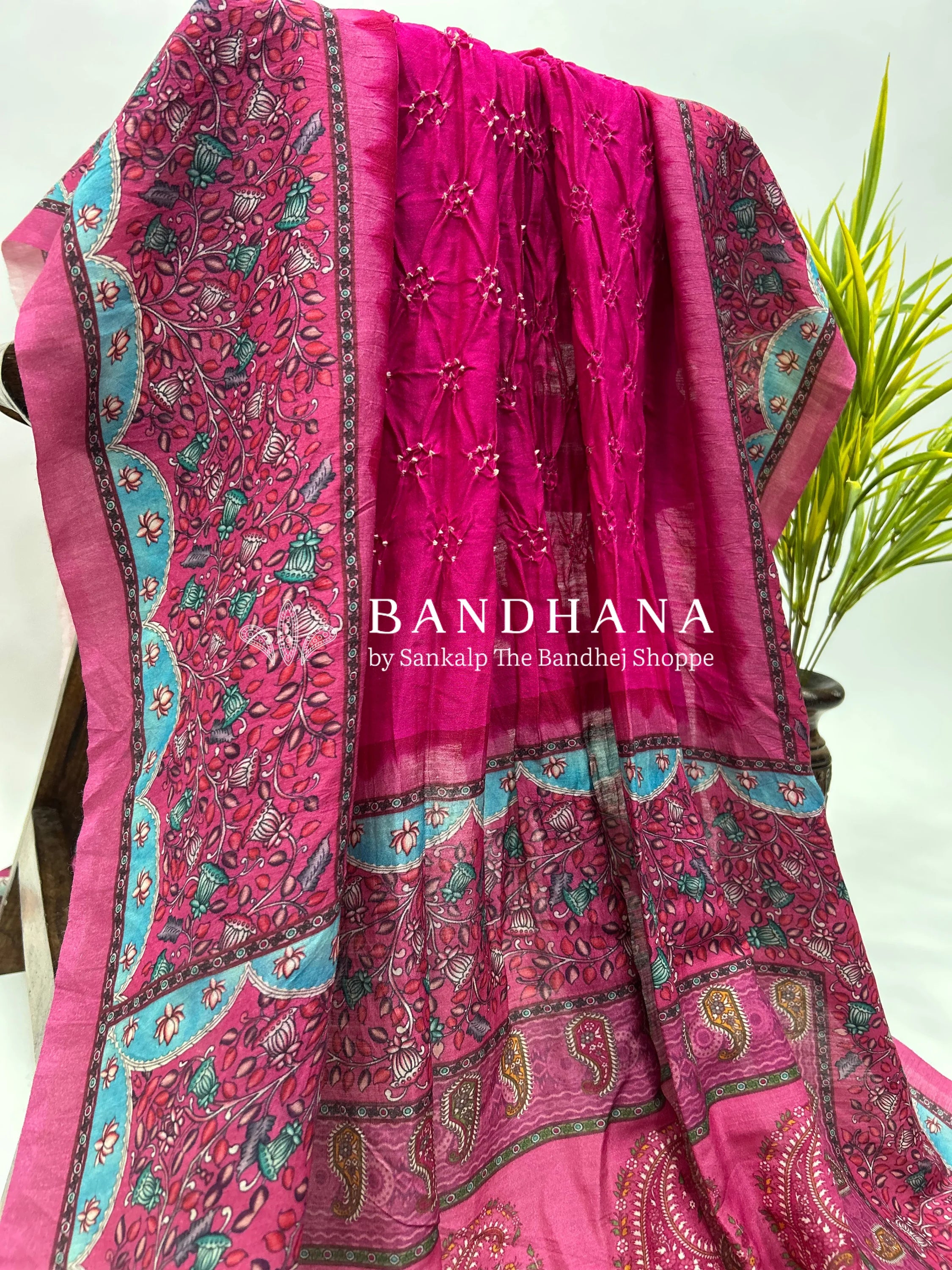 Rani Muga Silk Digital Kashmiri Print Bandhani Saree deeppink / Muga Silk Sarees