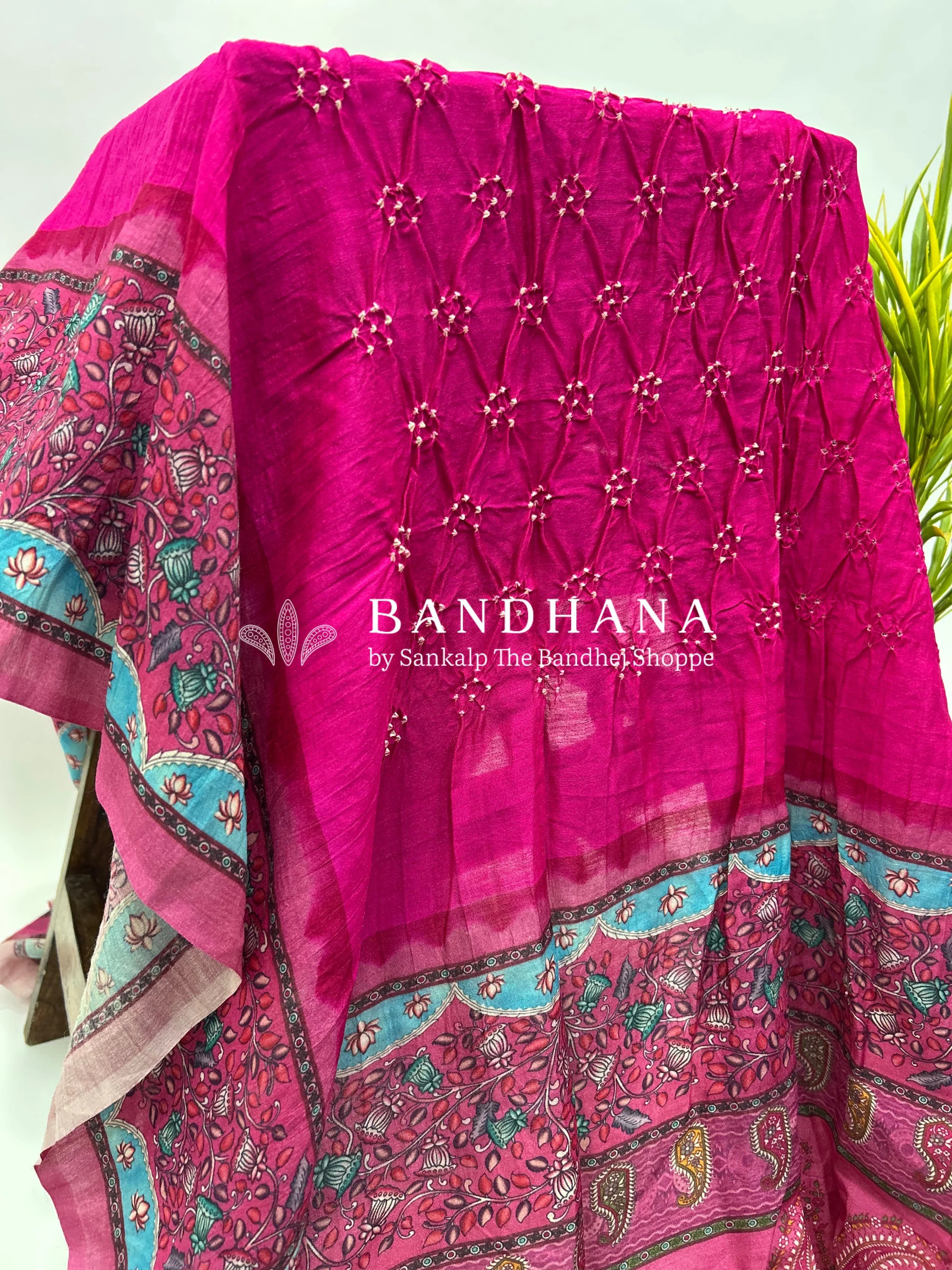 Rani Muga Silk Digital Kashmiri Print Bandhani Saree deeppink / Muga Silk Sarees