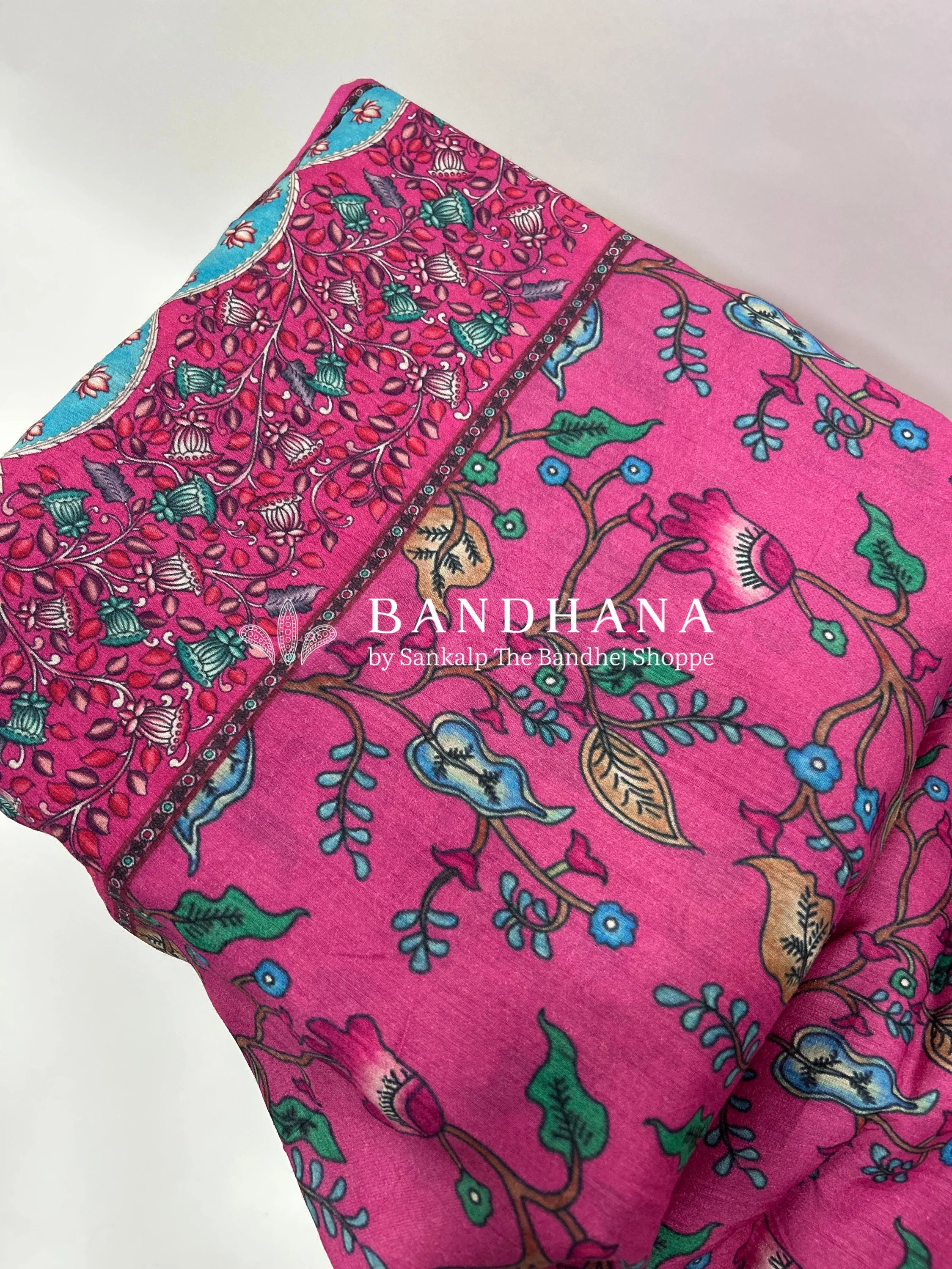 Rani Muga Silk Digital Kashmiri Print Bandhani Saree deeppink / Muga Silk Sarees