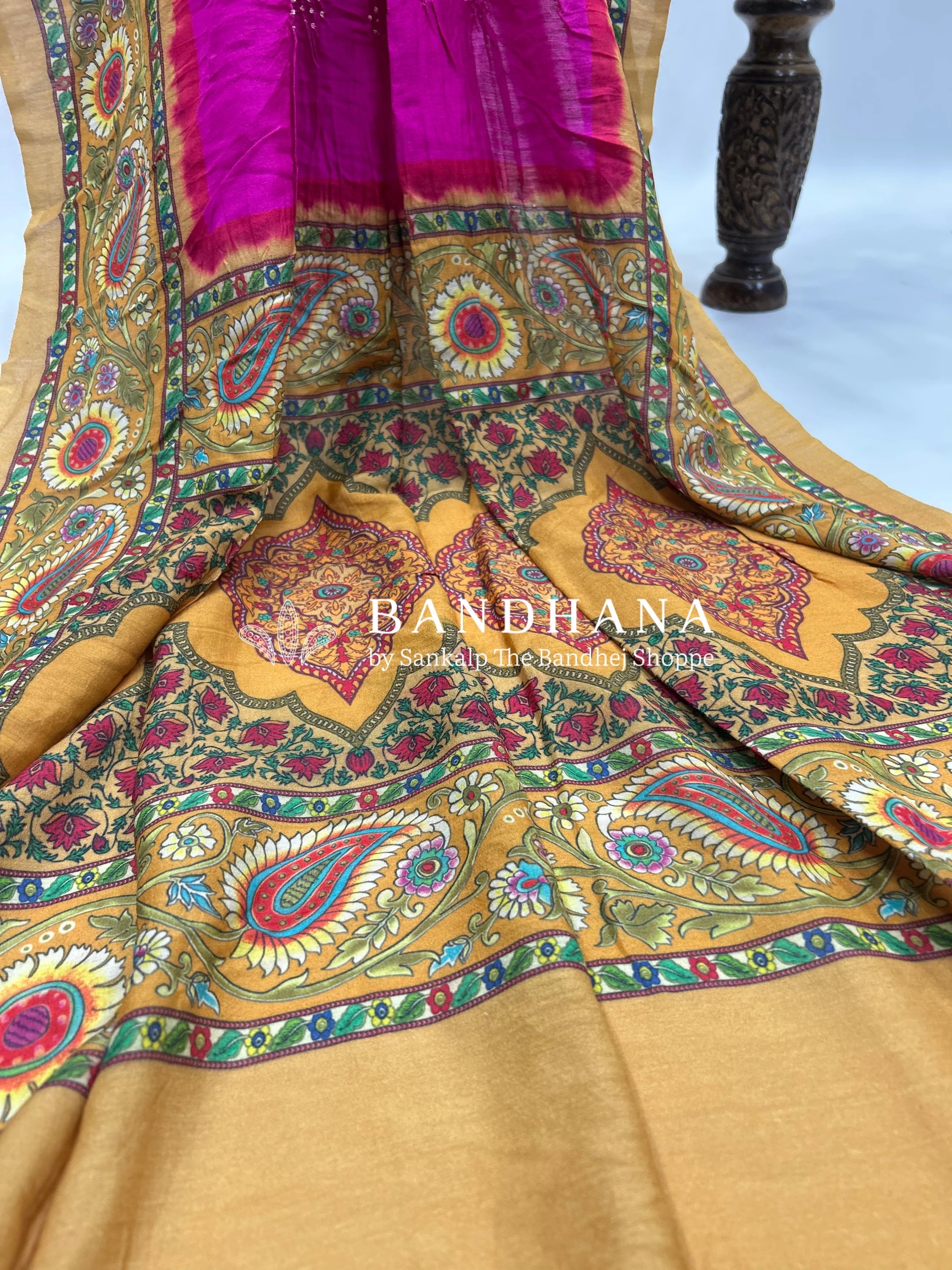 Rani-Mustard Muga Silk Digital Kashmiri Print Bandhani Saree magenta / Muga Silk Sarees