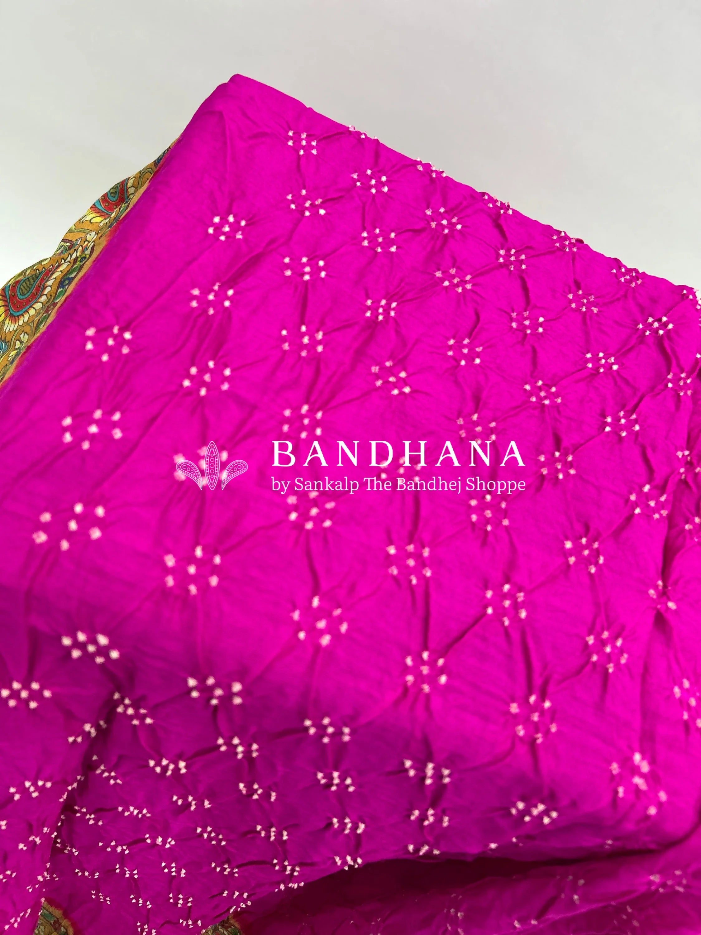 Rani-Mustard Muga Silk Digital Kashmiri Print Bandhani Saree magenta / Muga Silk Sarees