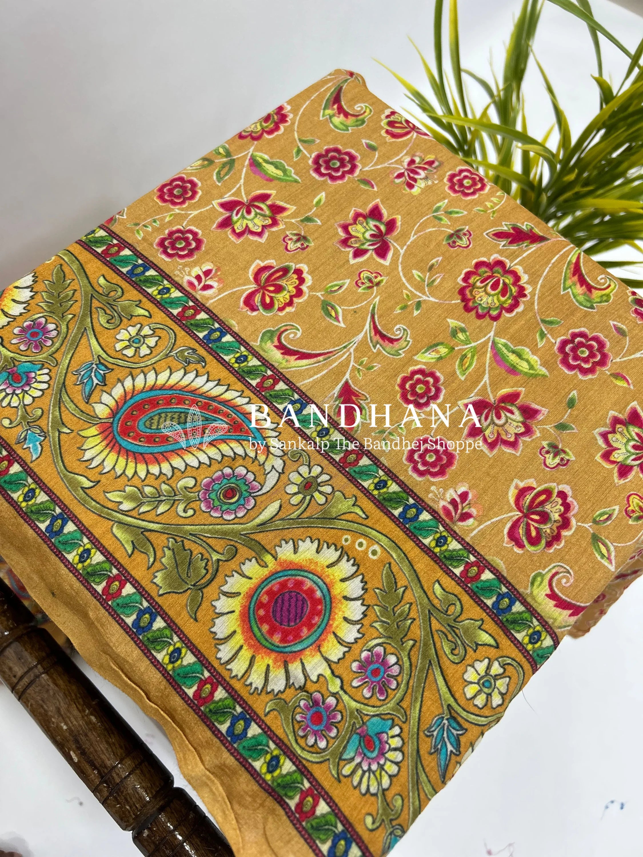 Rani-Mustard Muga Silk Digital Kashmiri Print Bandhani Saree magenta / Muga Silk Sarees