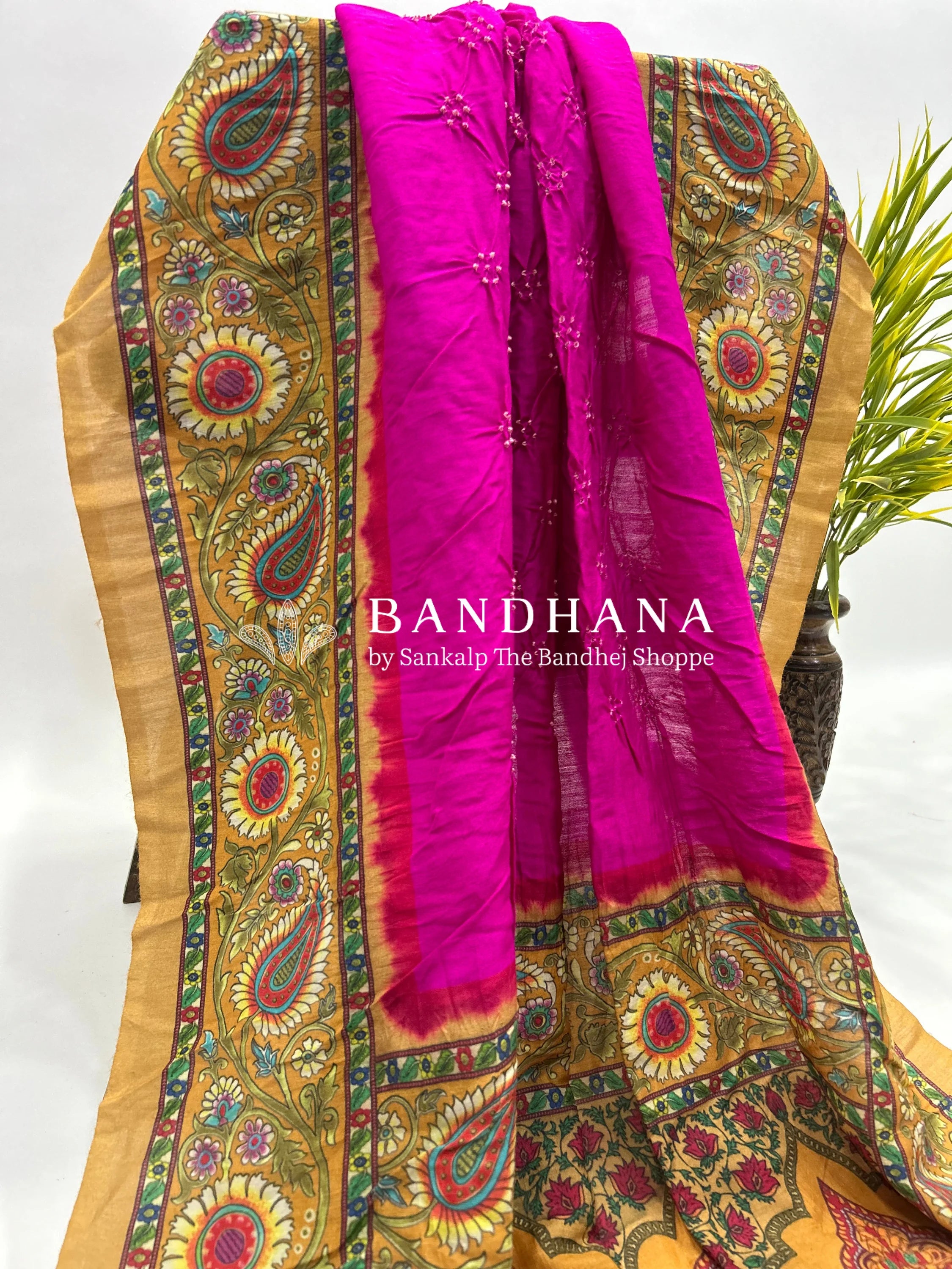 Rani-Mustard Muga Silk Digital Kashmiri Print Bandhani Saree magenta / Muga Silk Sarees
