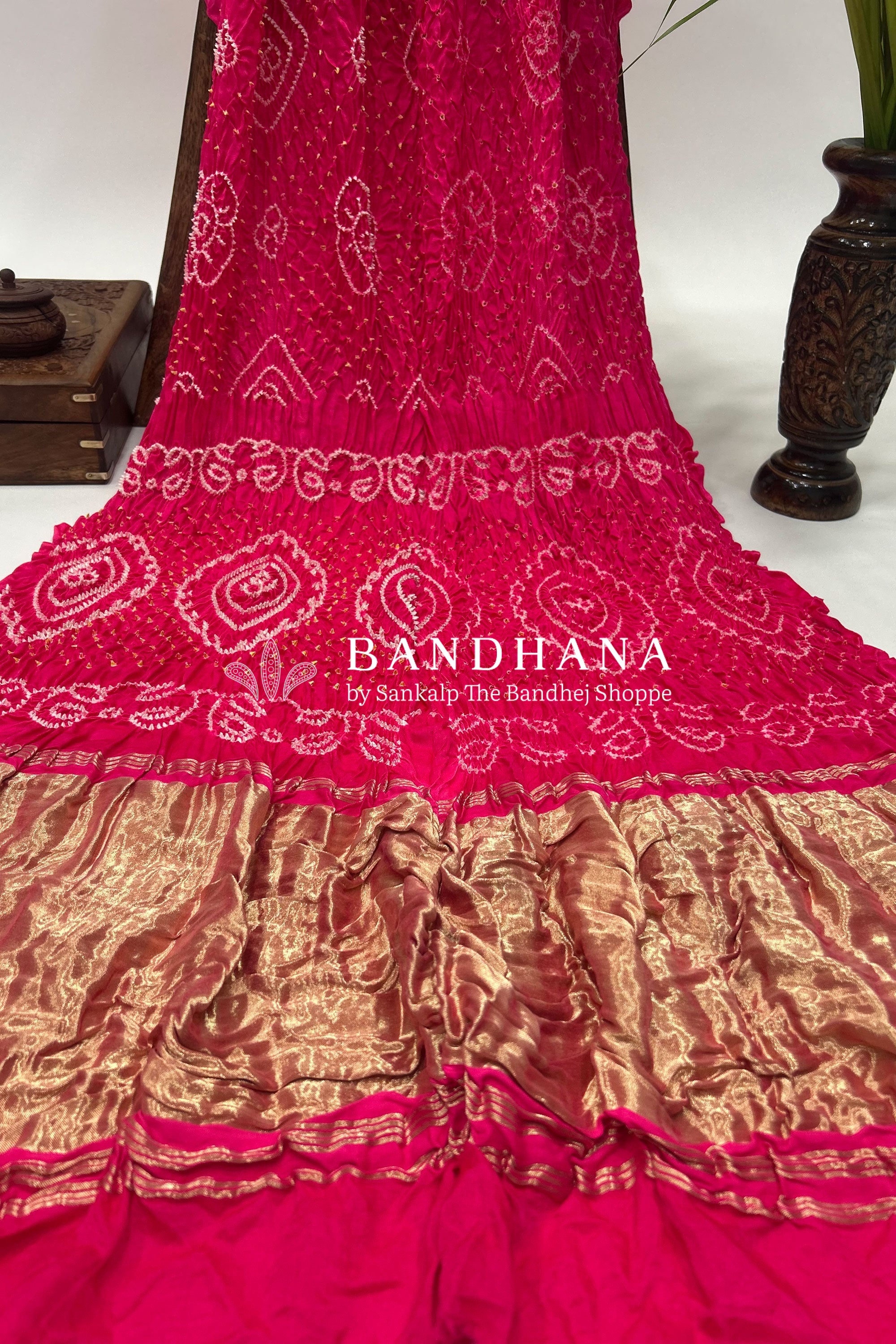 Rani Pink Gajji Fancy Rai Bandhani Saree Sarees