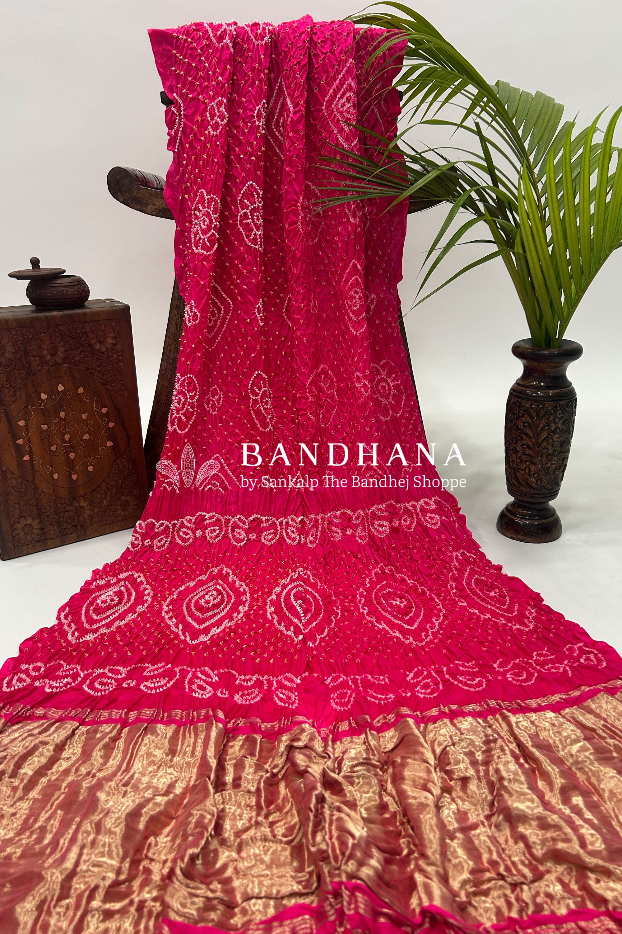 Rani Pink Gajji Fancy Rai Bandhani Saree Sarees