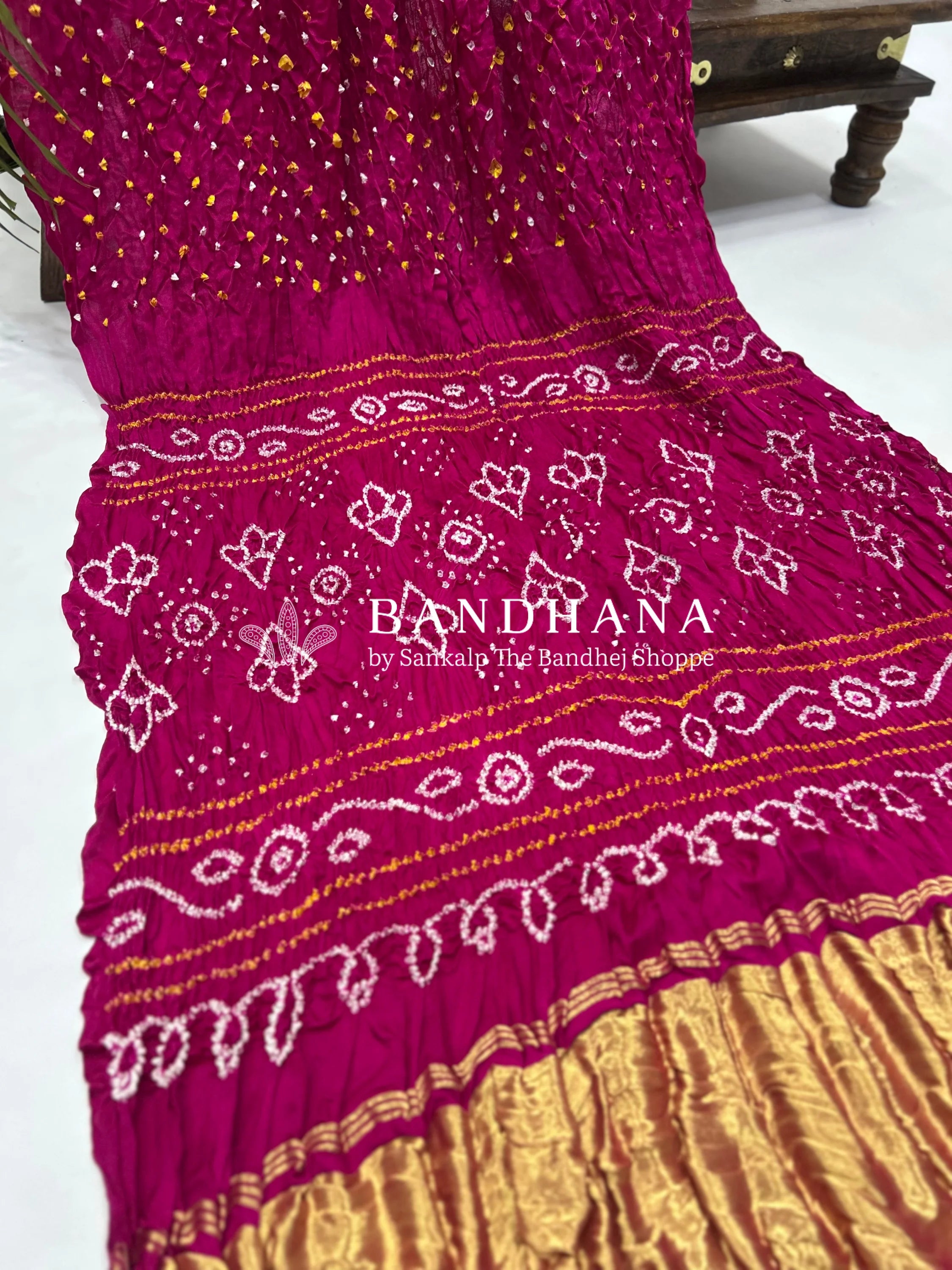 Rani Pink Gajji Silk Single Dot Bandhani Saree Sarees