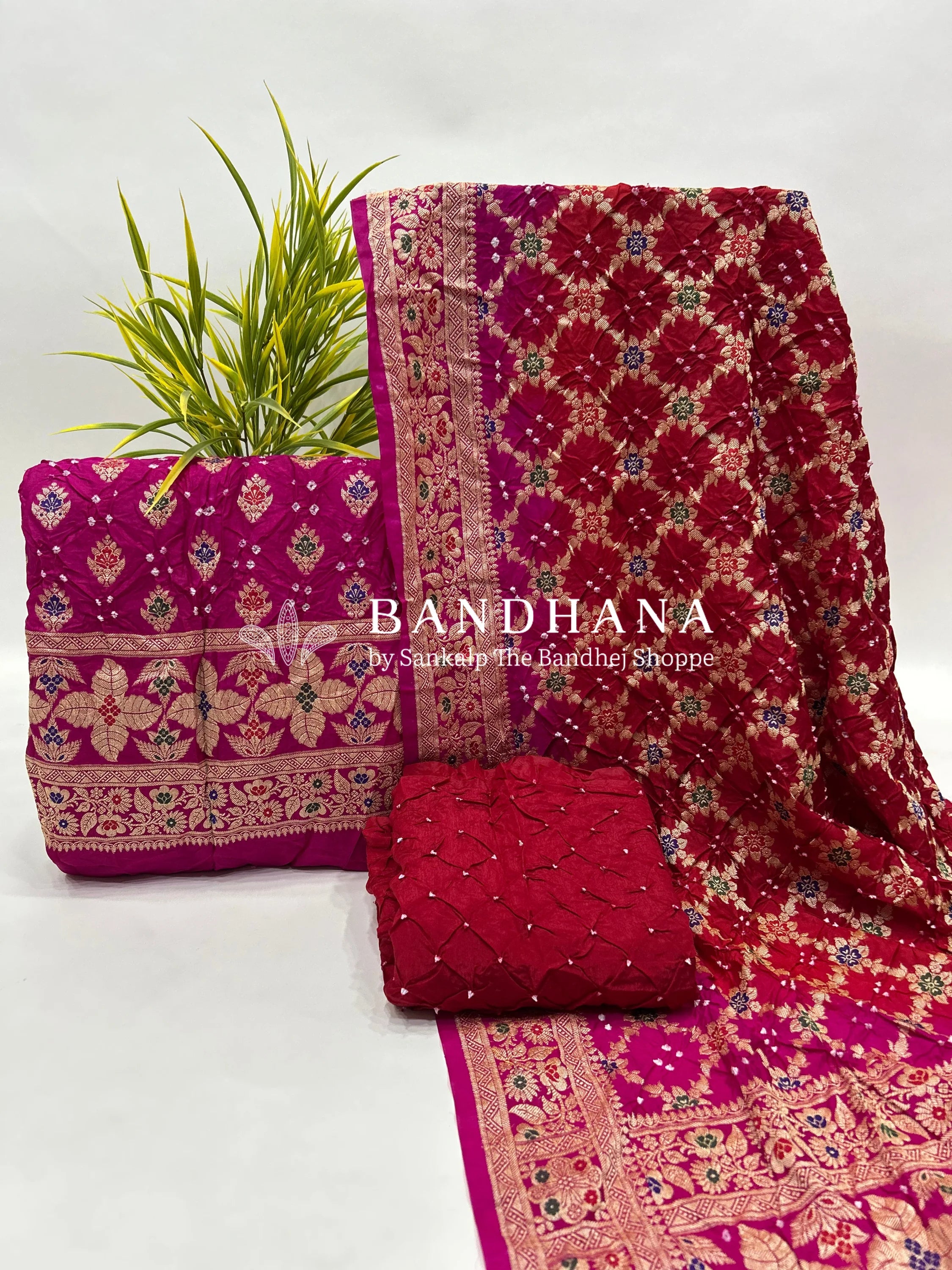 Rani & Red Art Dupion Butta Bandhani Dress Material deeppink / Art Silk Dresses