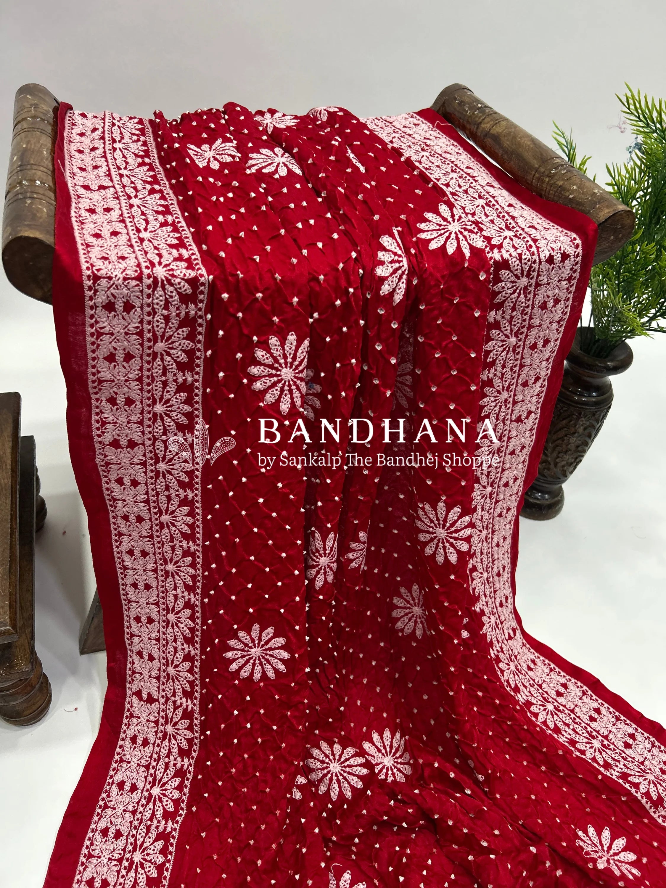 Red Gajji Silk Lucknowi Bandhani Saree red / Gajji Silk Sarees