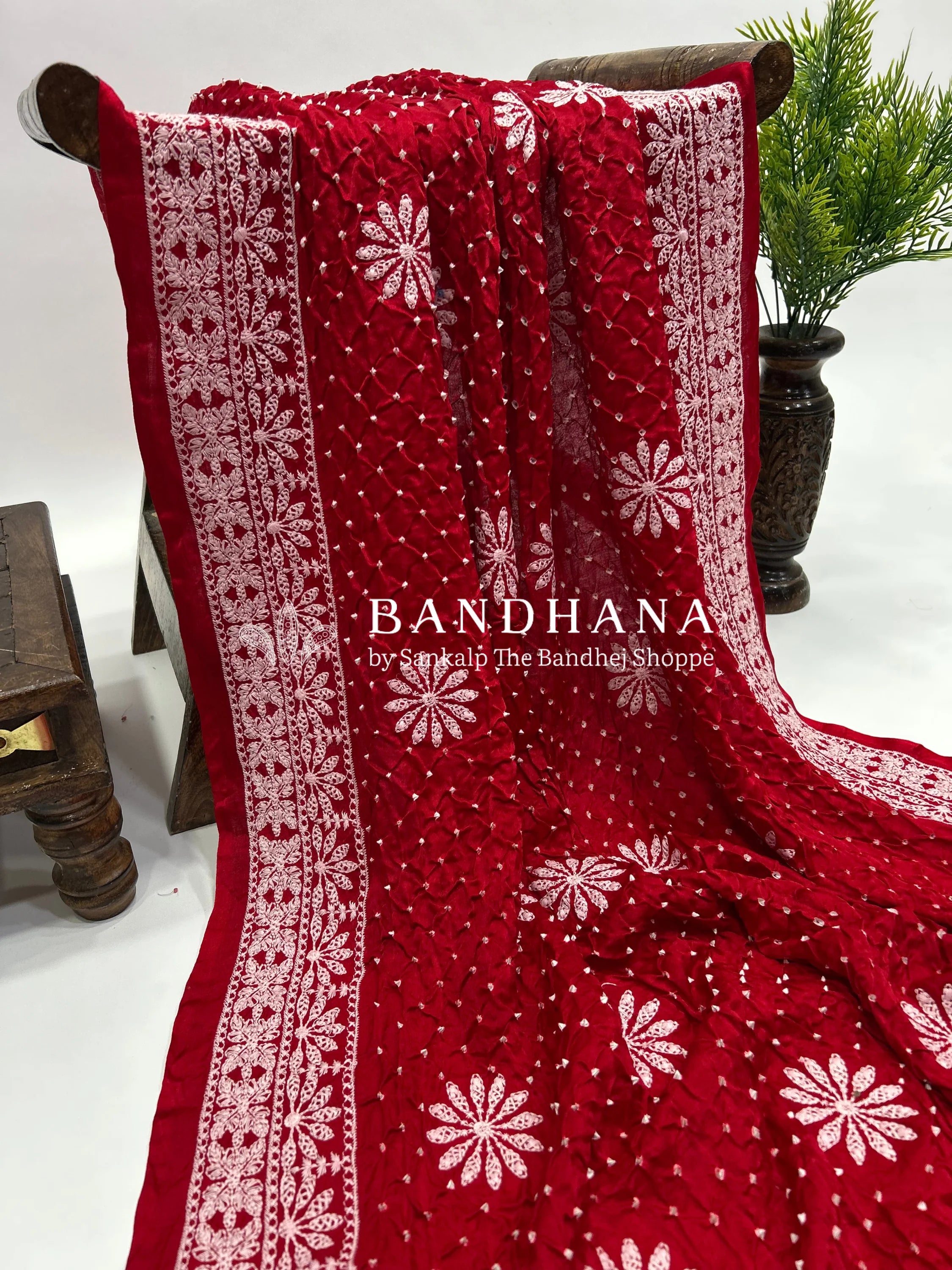 Red Gajji Silk Lucknowi Bandhani Saree red / Gajji Silk Sarees