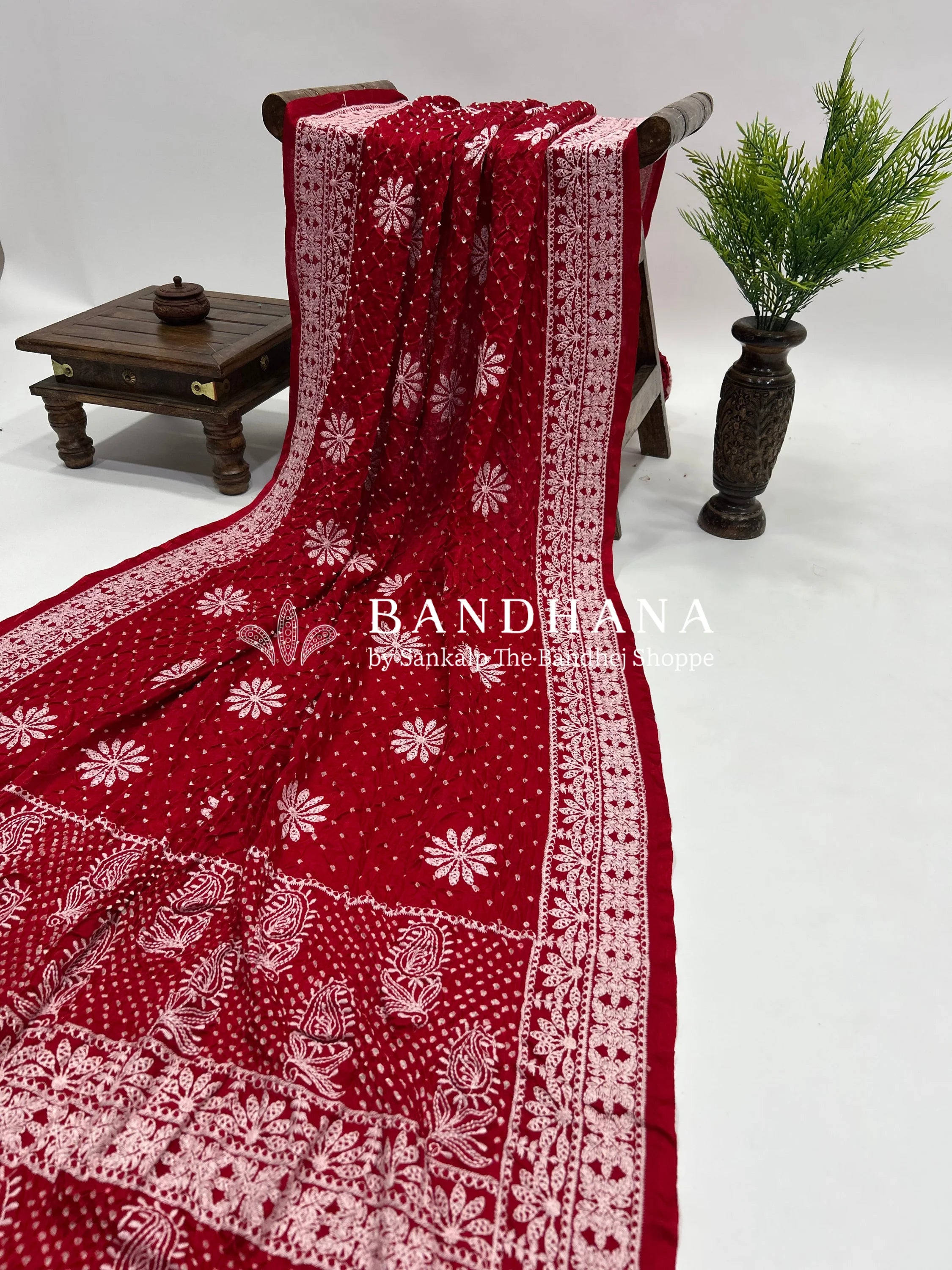 Red Gajji Silk Lucknowi Bandhani Saree red / Gajji Silk Sarees