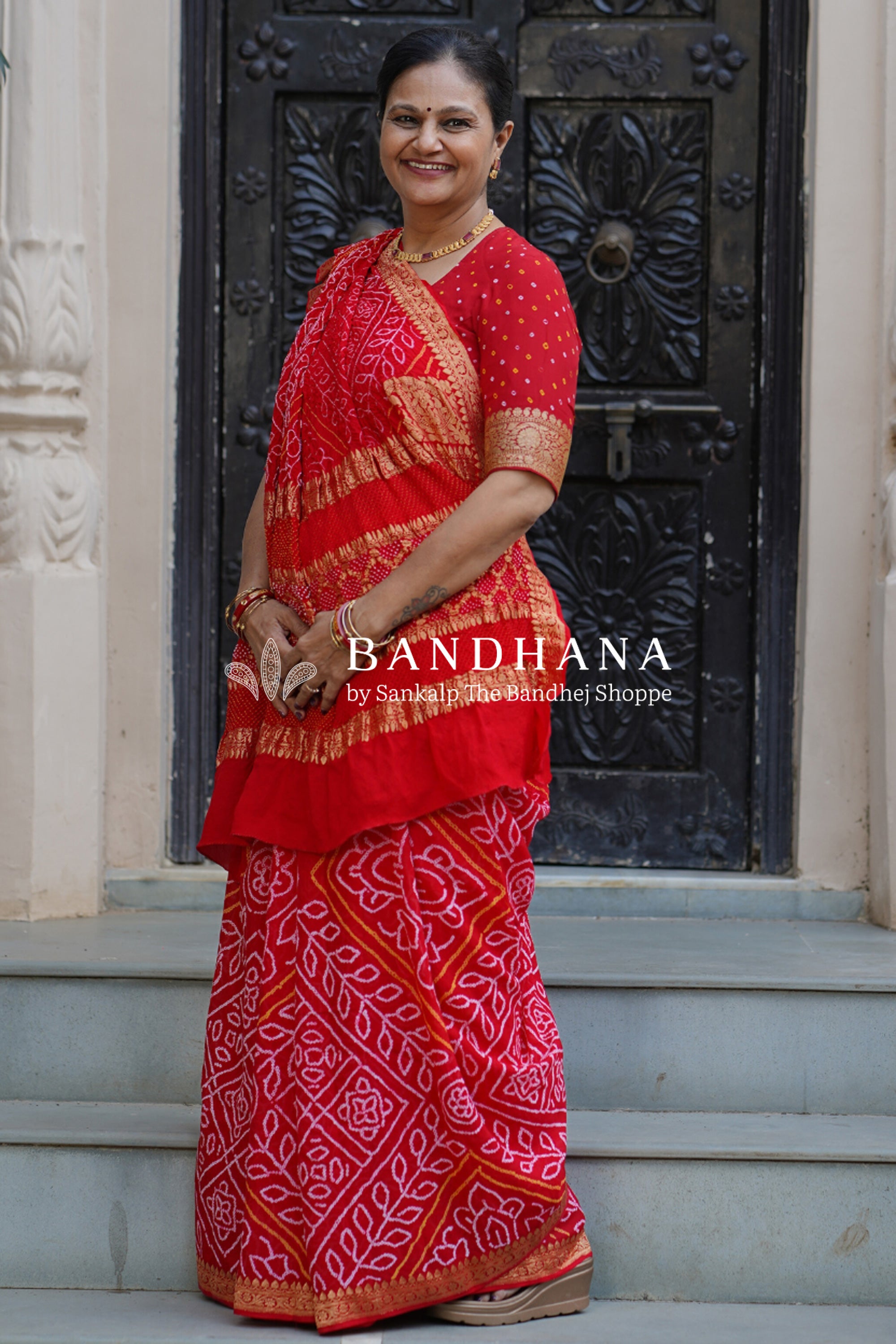 Red Georgette Banarasi Real Zari Bandhani Saree Sarees