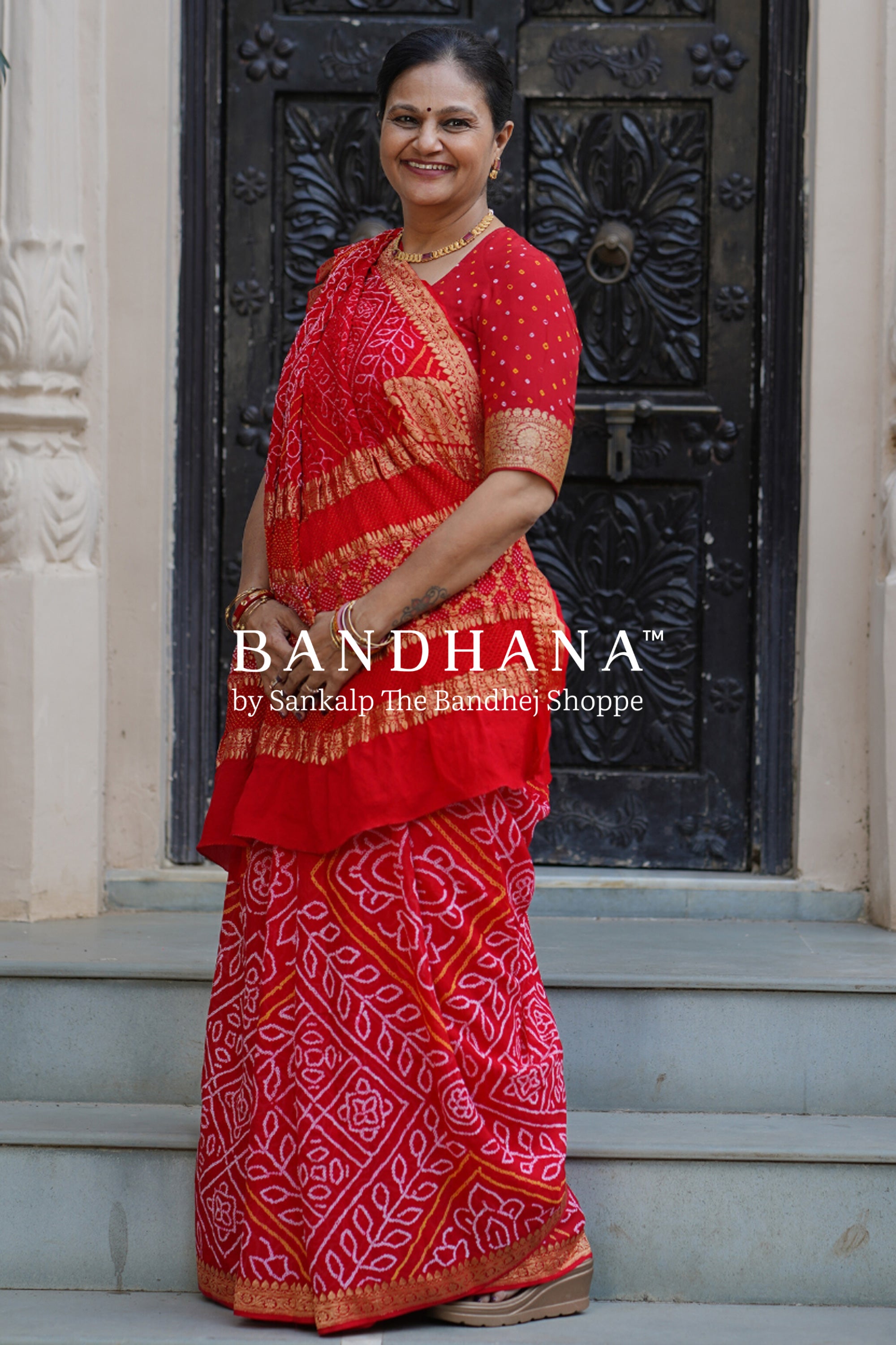 Red Georgette Banarasi Real Zari Bandhani Saree Sarees