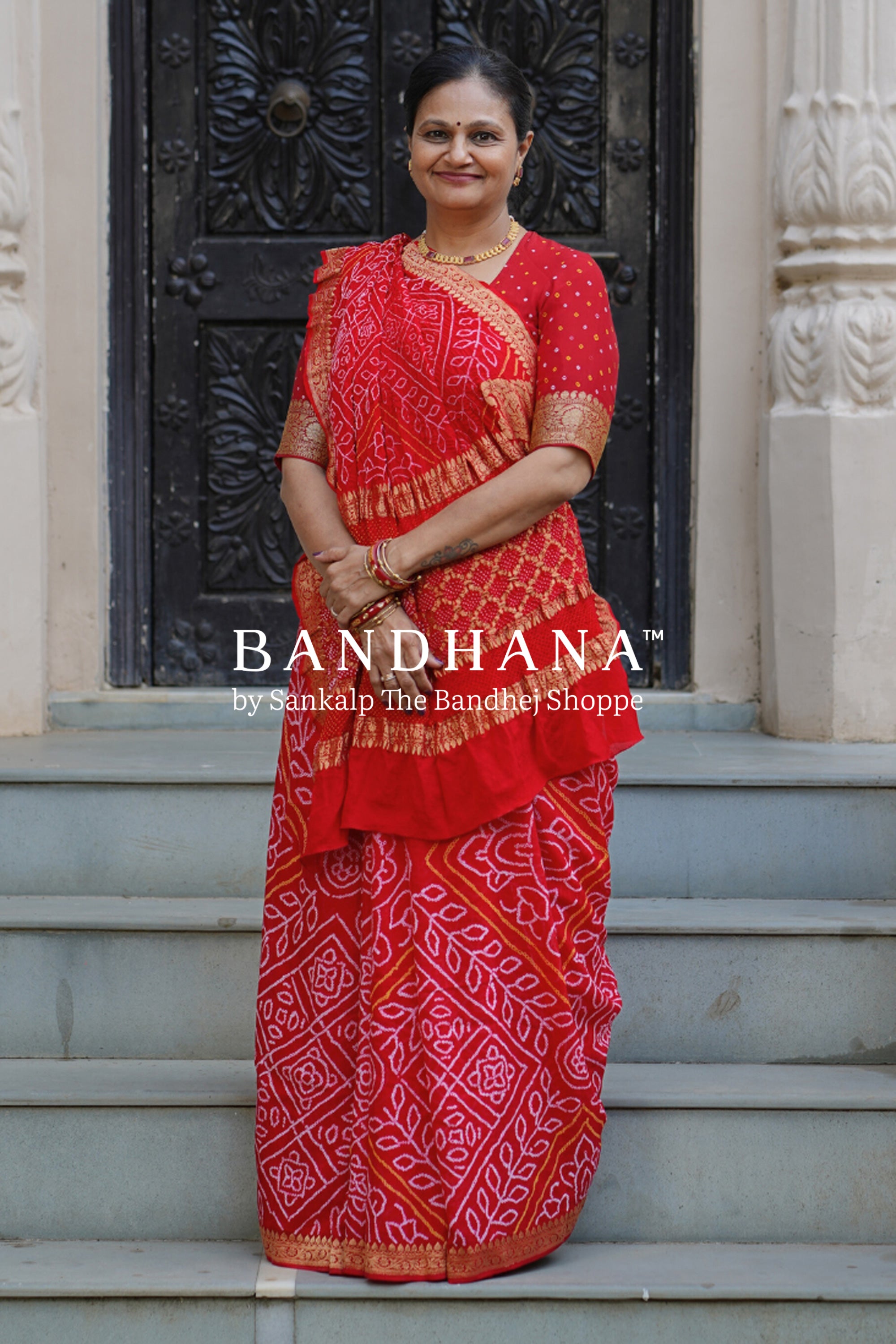 Red Georgette Banarasi Real Zari Bandhani Saree Sarees
